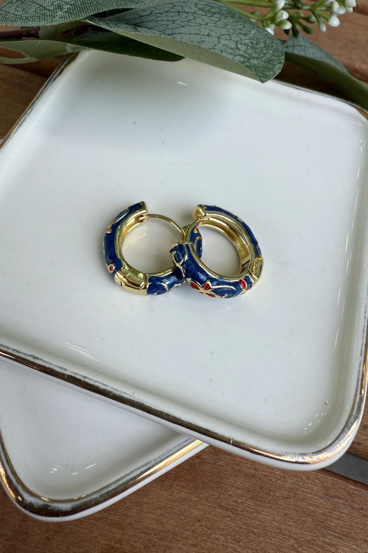 AURA ATELIER 14K Altın Kaplama Lacivert Mineli Mina Küpe