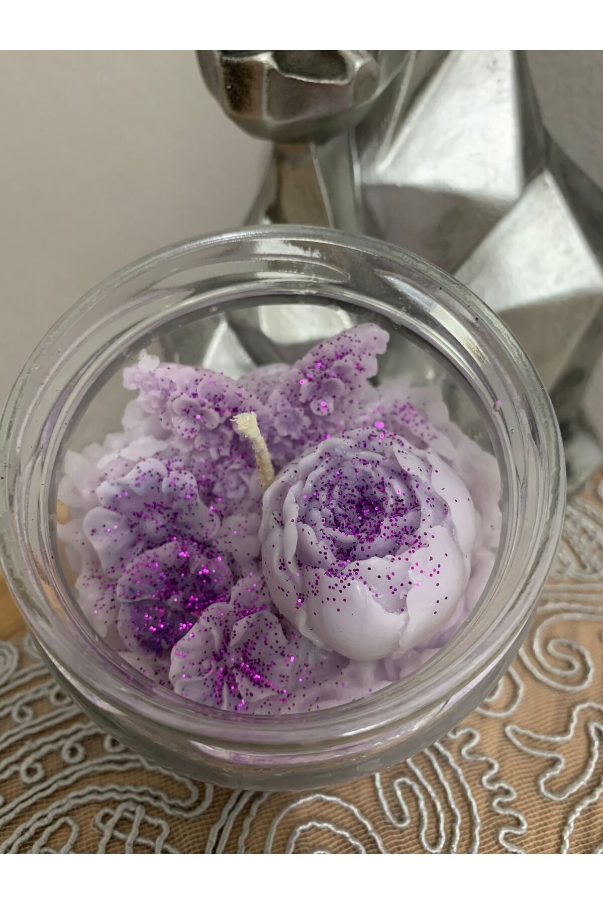 T M DESIGN HOUSE Cam Kase Dekoratif Çiçekli Kokulu Mum