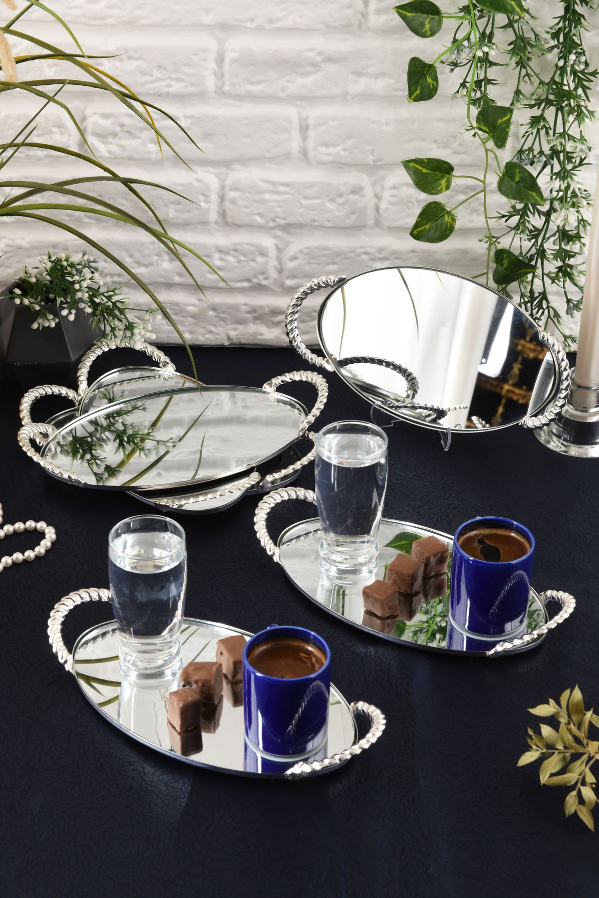 HELVACIOĞLU AKSESUAR 6 Adet Aynalı Kulplu Kahve ,Sunum , Pasta, Kek, Baklava, Kurabiye, Çay Sunum Tepsisi 13x21 cm