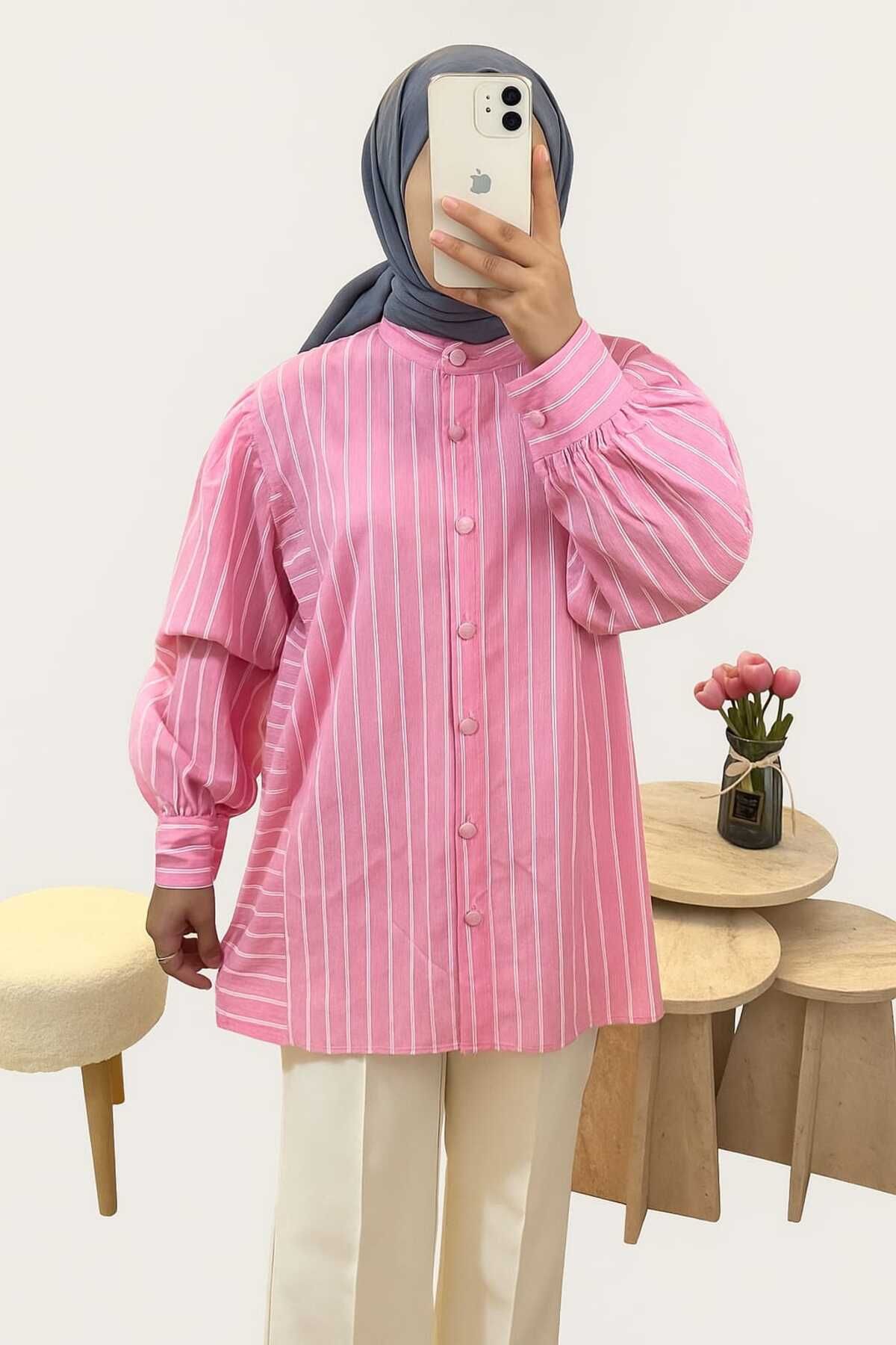 moda paketi Poplin Pembe Çizgili Gömlek Tunik