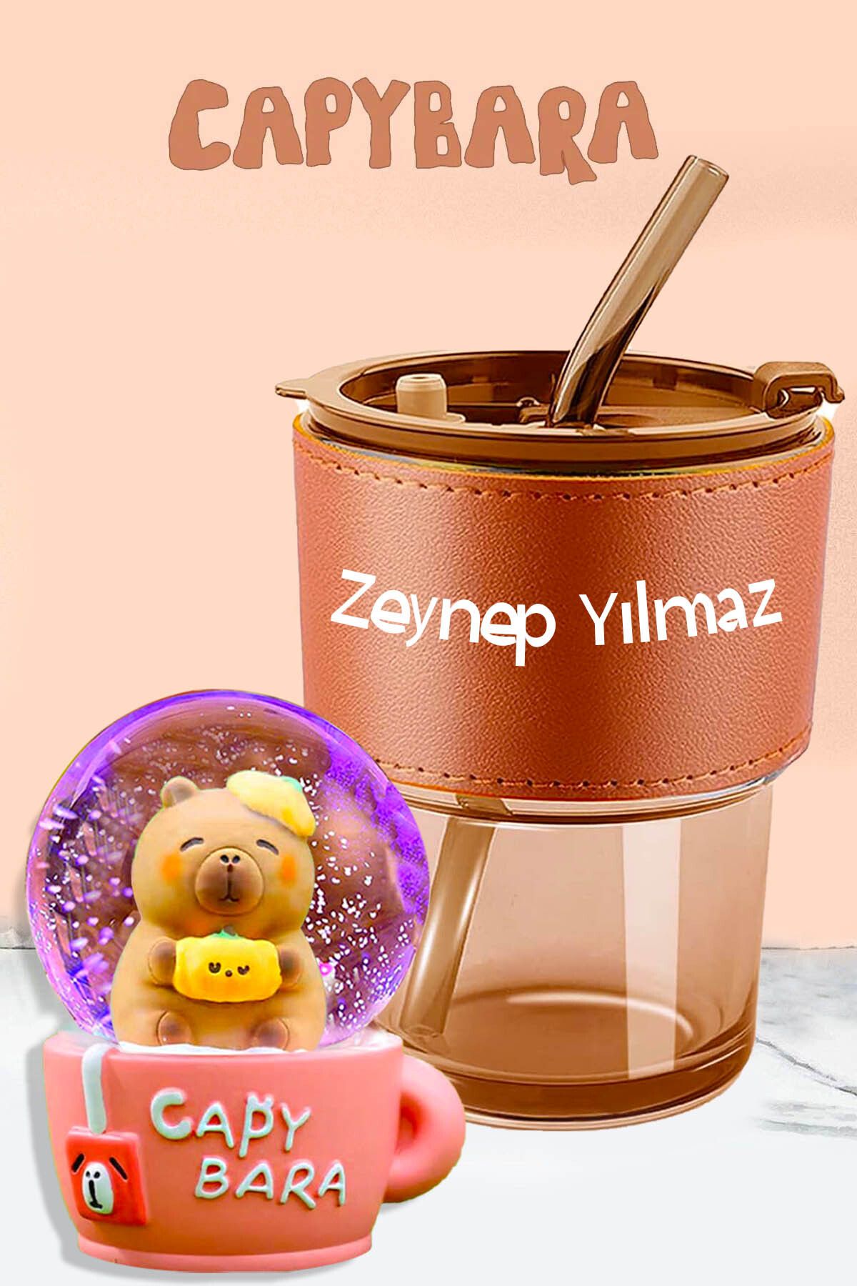 zozoya Capybara Kapibara Işıklı Kar Küresi & İsme Özel Deri Cam Pipetli Bardak