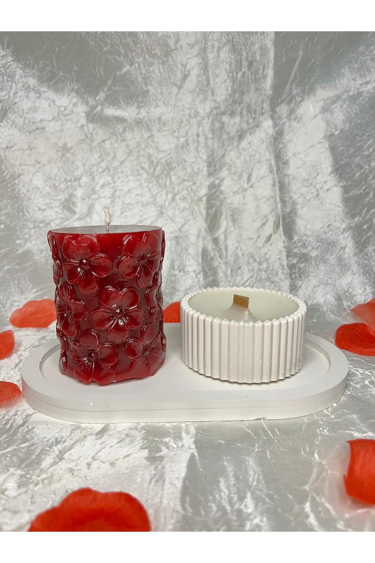 Home Çiçek Desenli & Sandal Kokulu Dekoratif Mum Seti- Bordo Renk- Ev Hediyesi