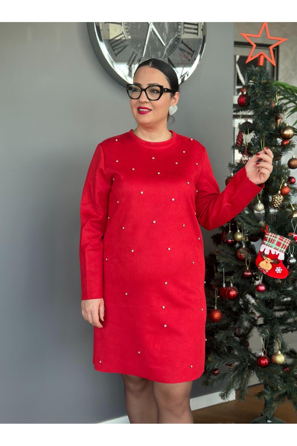 Vio Moda Büyük Beden Nubuk , Taş Aksuarlı Elbise