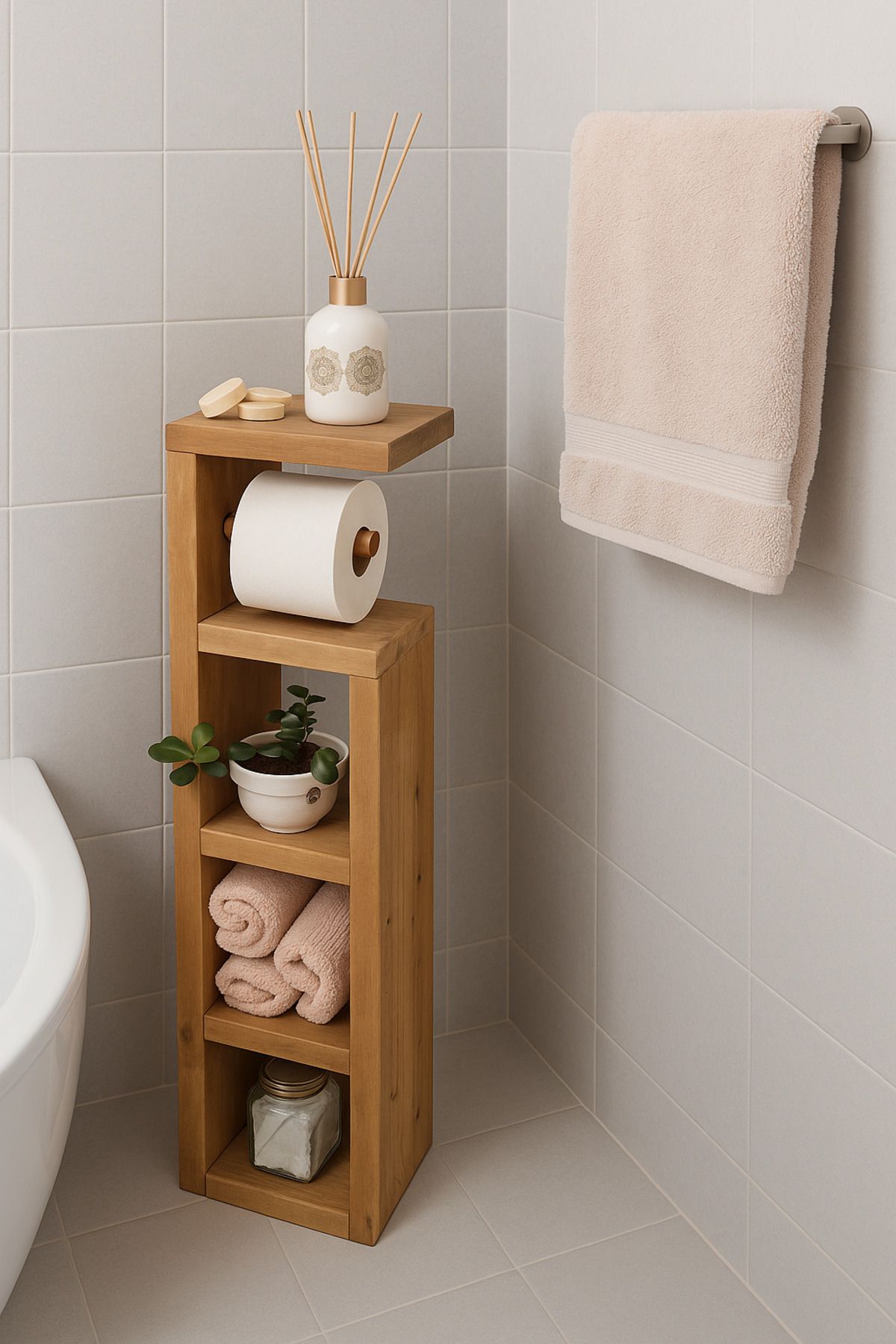 viveres Çok Amaçlı Raflı Dik Masif Ahşap Tuvalet Kağıdı Standı – Raflı Banyo Organizeri | Meşe Rengi