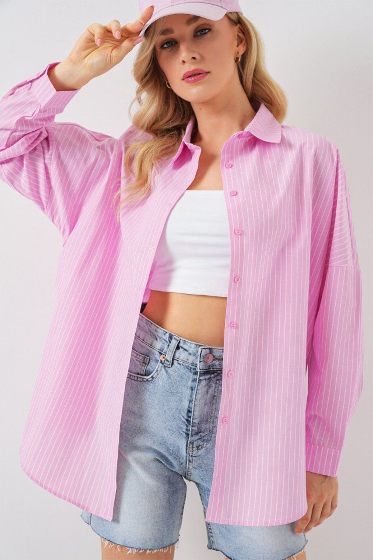 novafems Çizgili Oversize Gömlek 20332 - Pembe