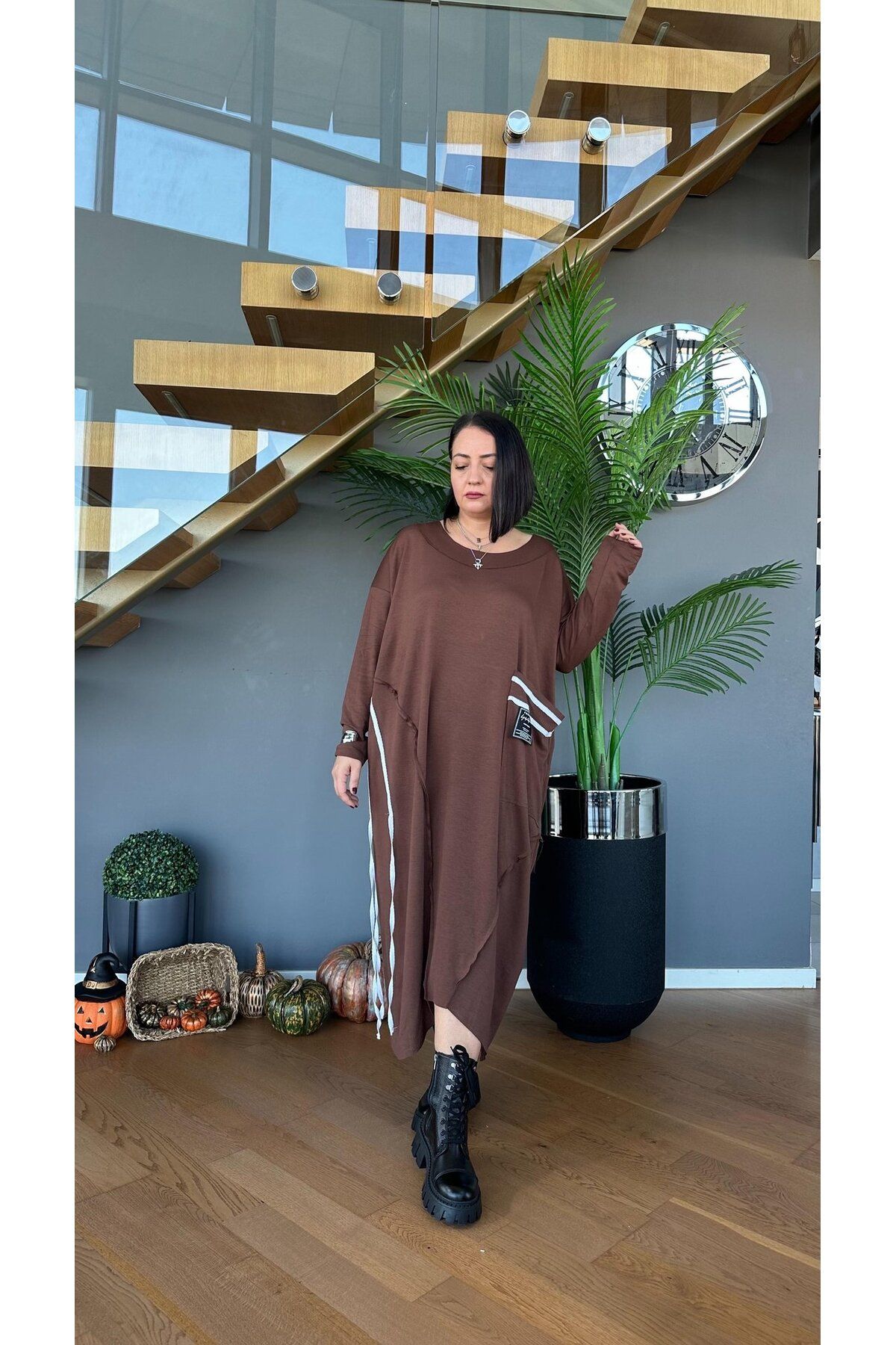 Vio Moda Büyük Beden Modal Şeritli Elbise