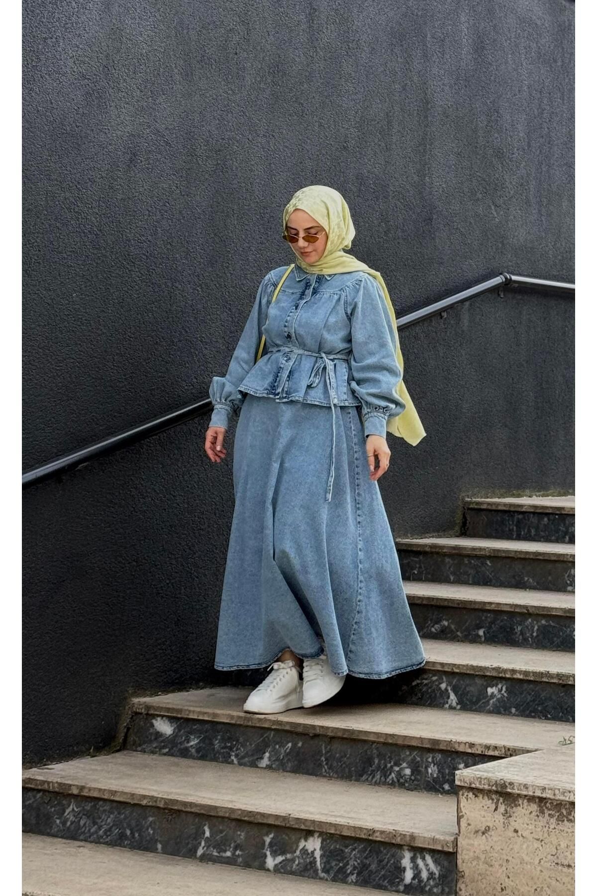 Touche Denim Ceket Etek Takım Açık Denim