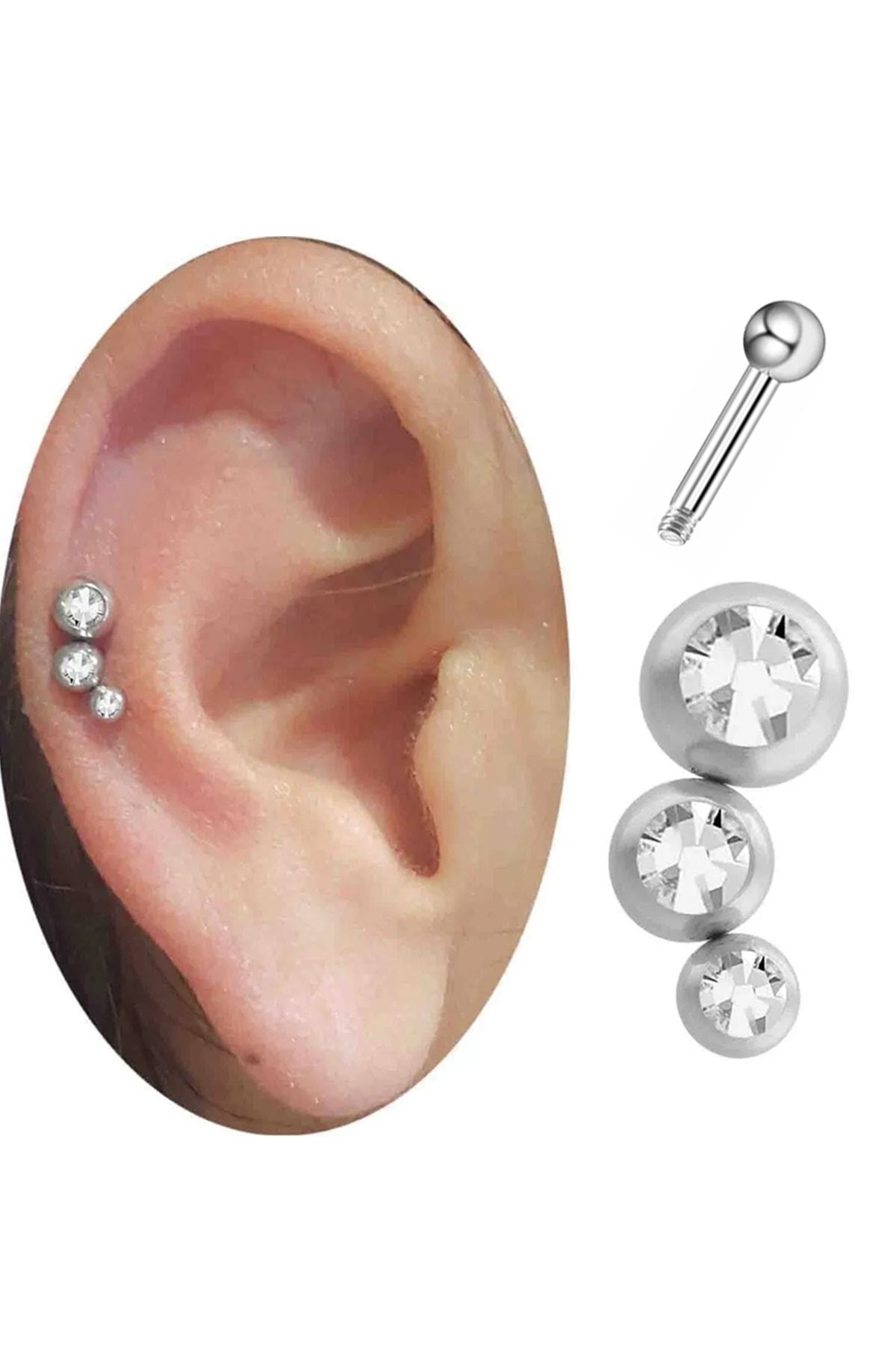 Cadının Dükkanı Üç Taş Çelik Tragus Helix Kıkırdak Piercing