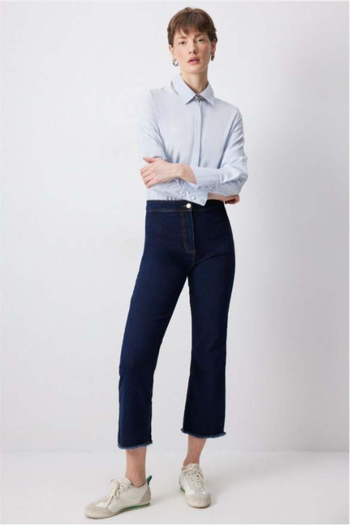 Touche Paçası Püsküllü Denim Pantolon Koyu Denim