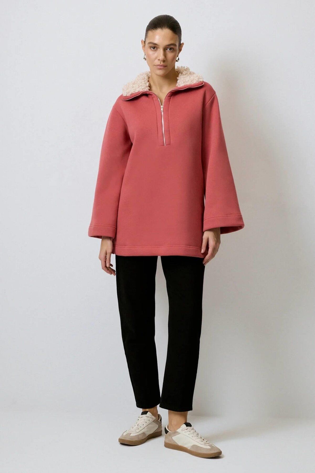 Touche Yakası Kürklü Sweatshirt Rose
