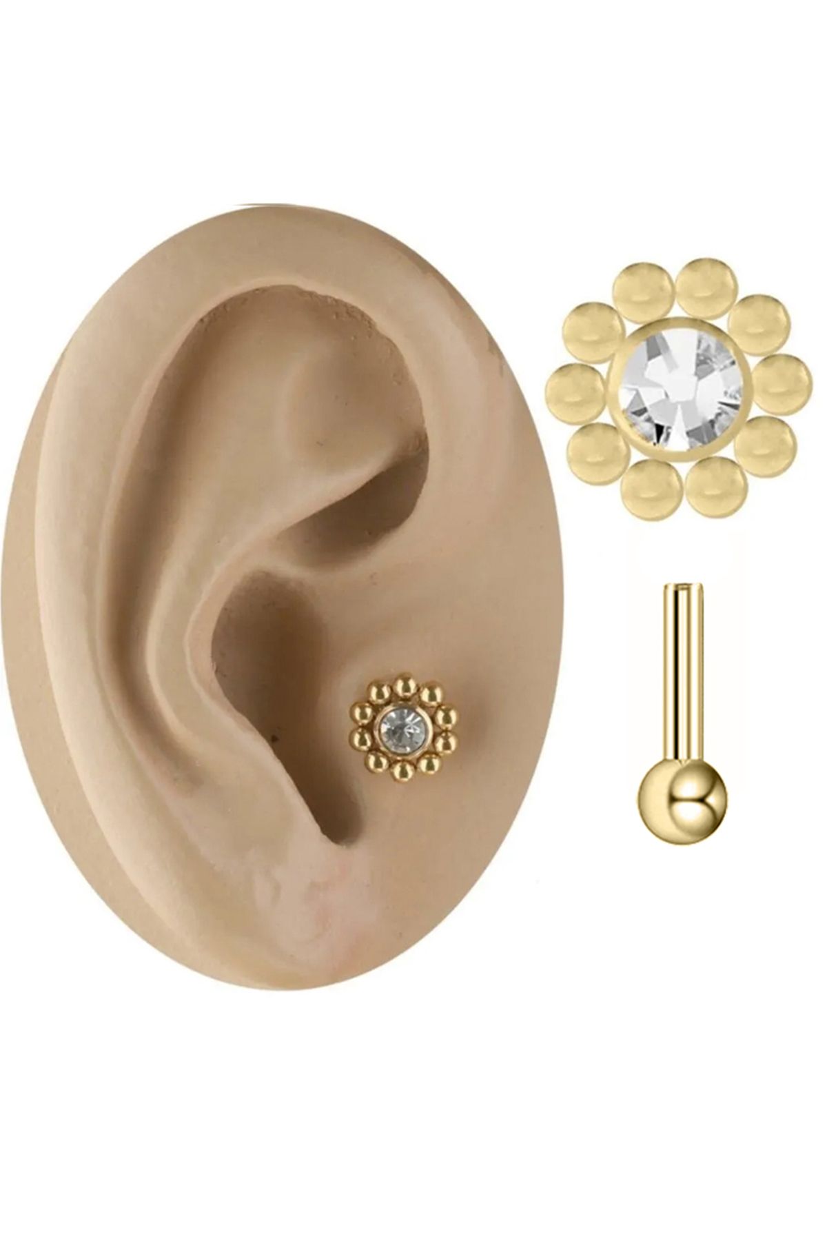 Cadının Dükkanı Taşlı Çiçek Gold Çelik Tragus Helix Kıkırdak Piercing