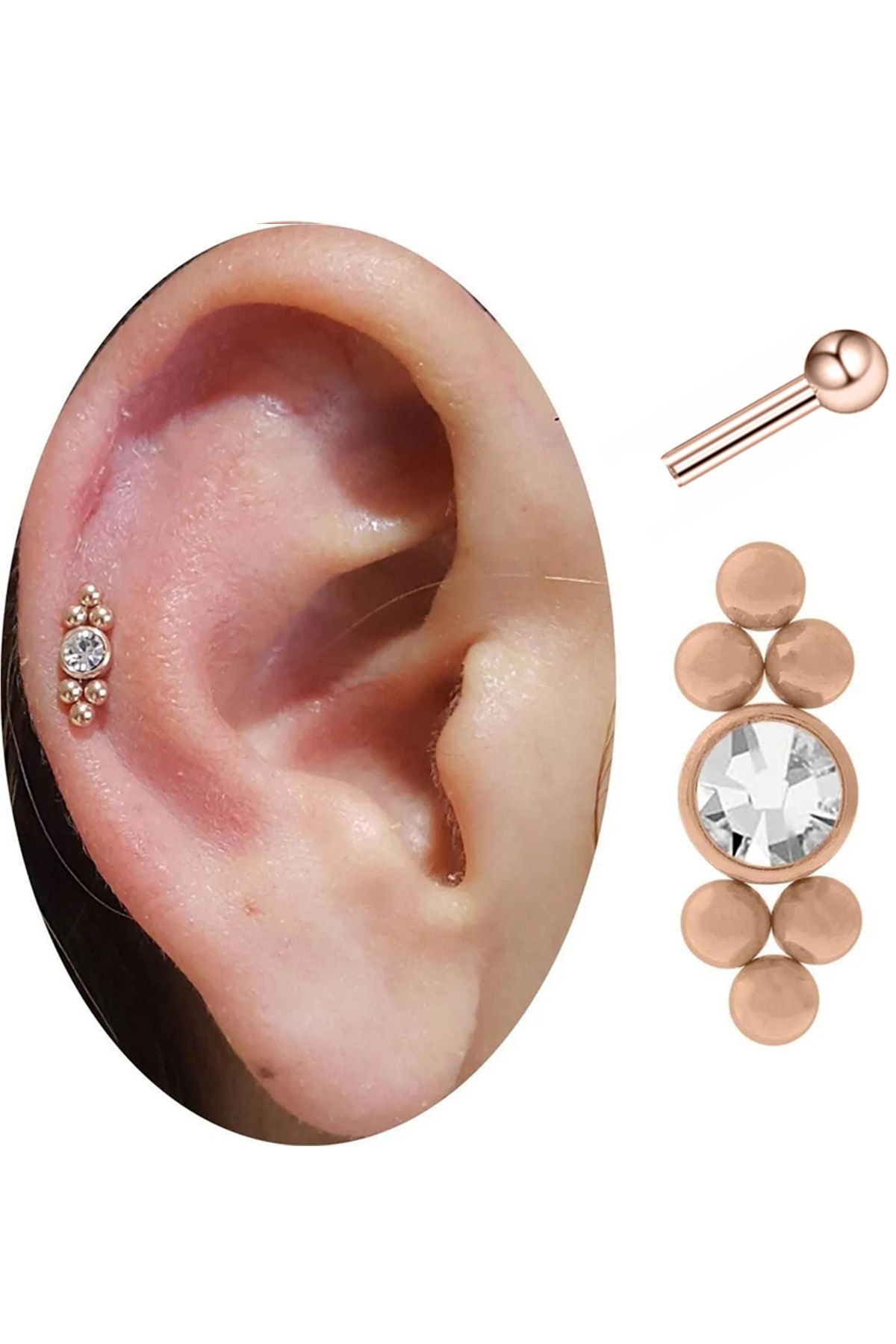 Cadının Dükkanı Altı Top Taşlı Rose Çelik Tragus Helix Kıkırdak Piercing