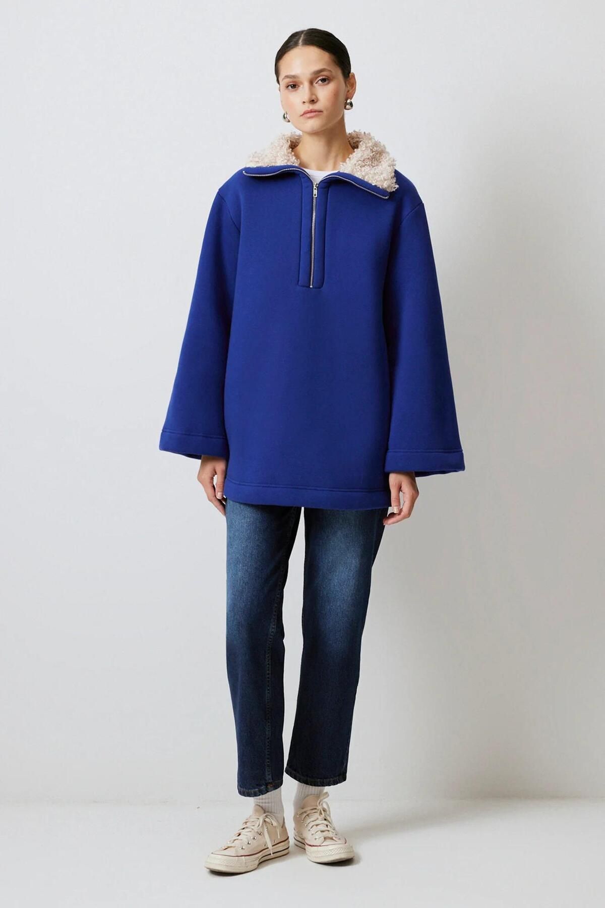 Touche Yakası Kürklü Sweatshirt Indigo