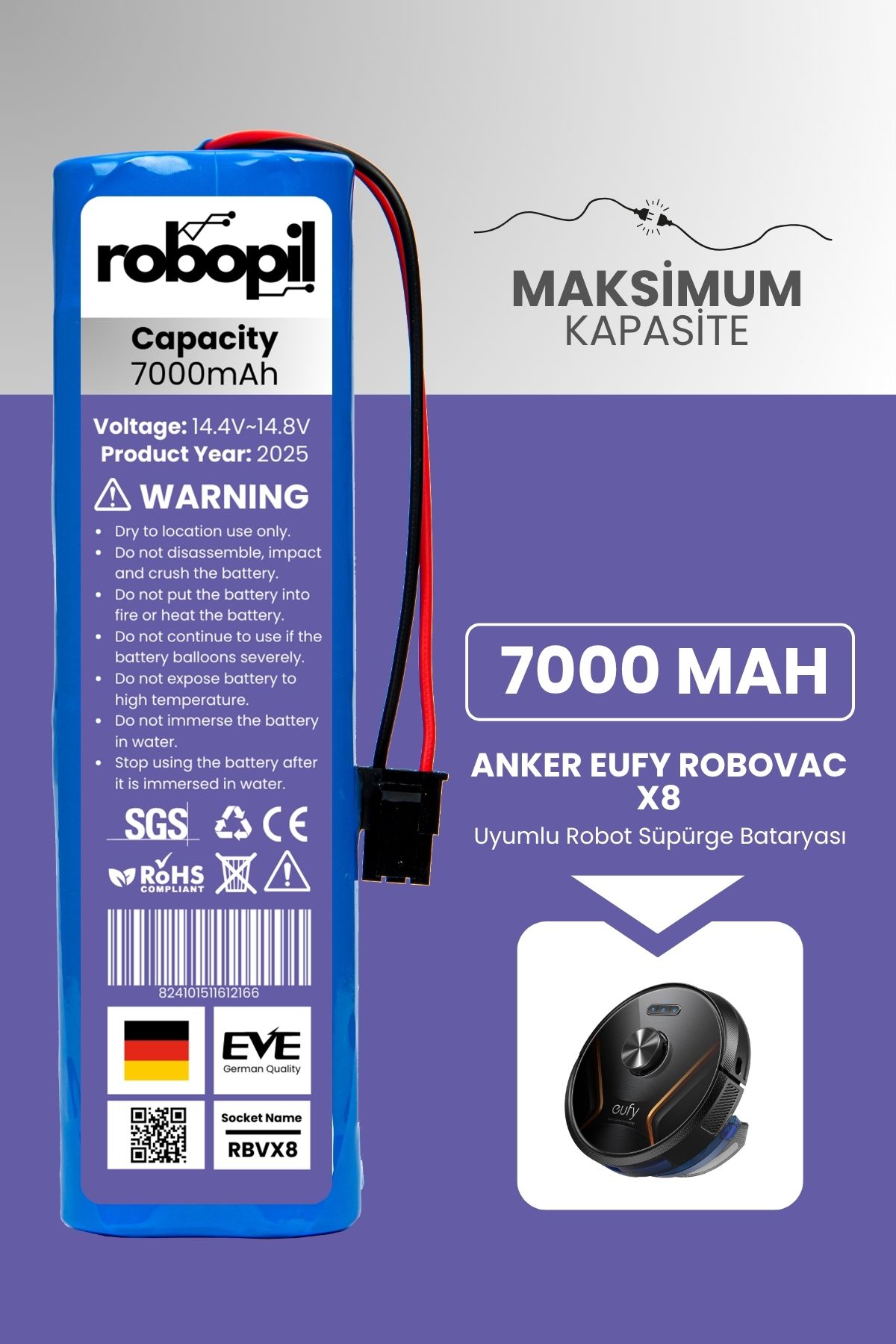 ROBOPİL Anker Eufy Robovac X8 Pil Batarya [Maksimum Kapasite] 7000mah Akıllı Robot Süpürge Bataryası