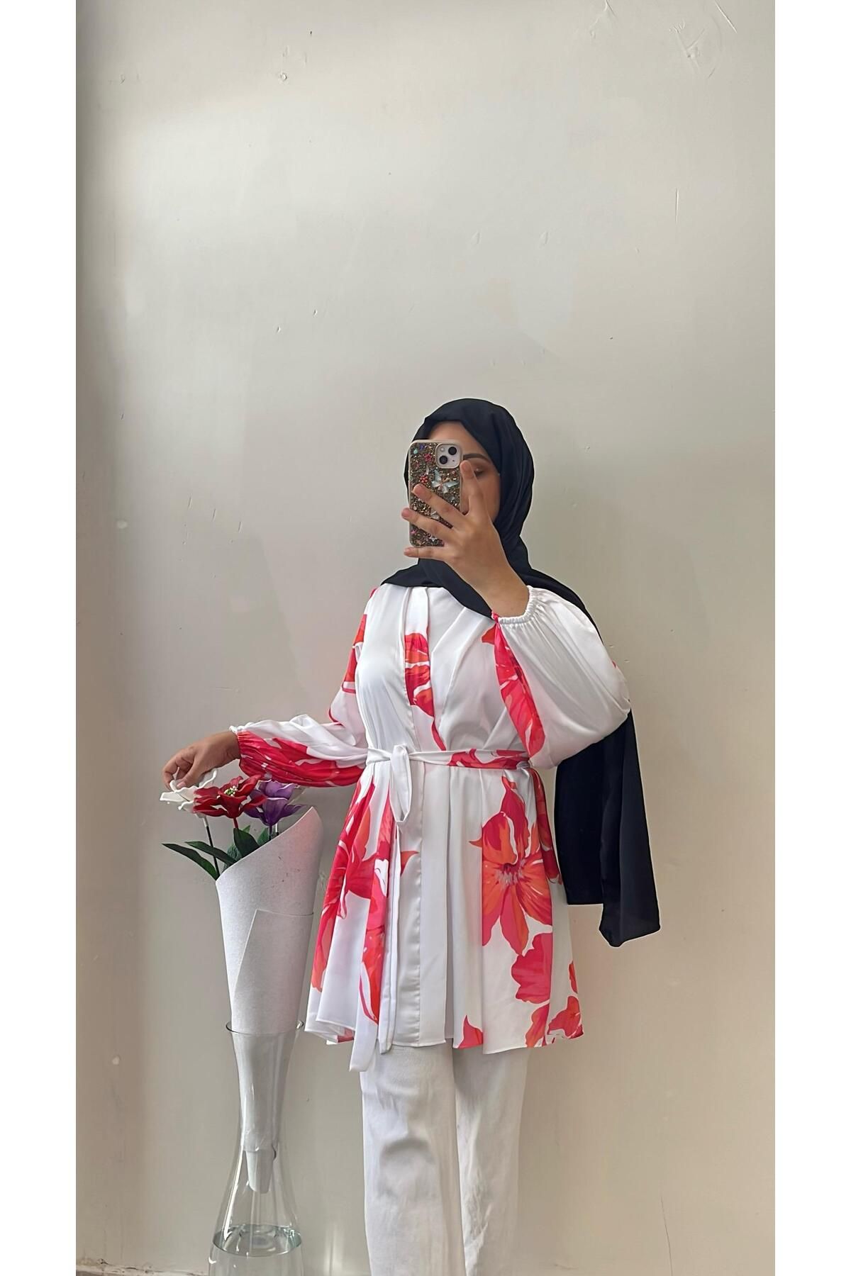 DİLEKBUTİK Pembe çiçekli yazlık ipek saten kimono