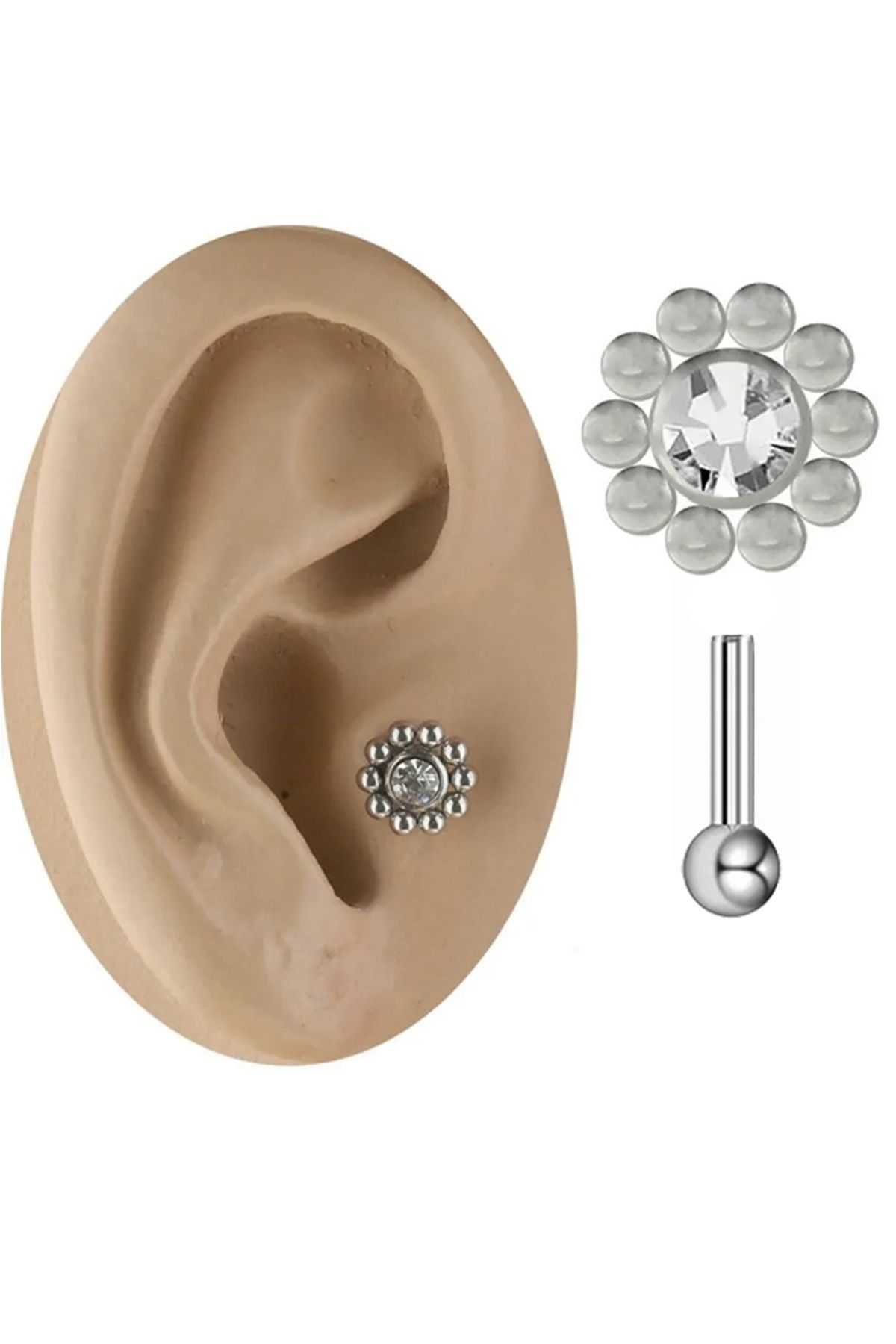 Cadının Dükkanı Taşlı Çiçek Çelik Tragus Helix Kıkırdak Piercing