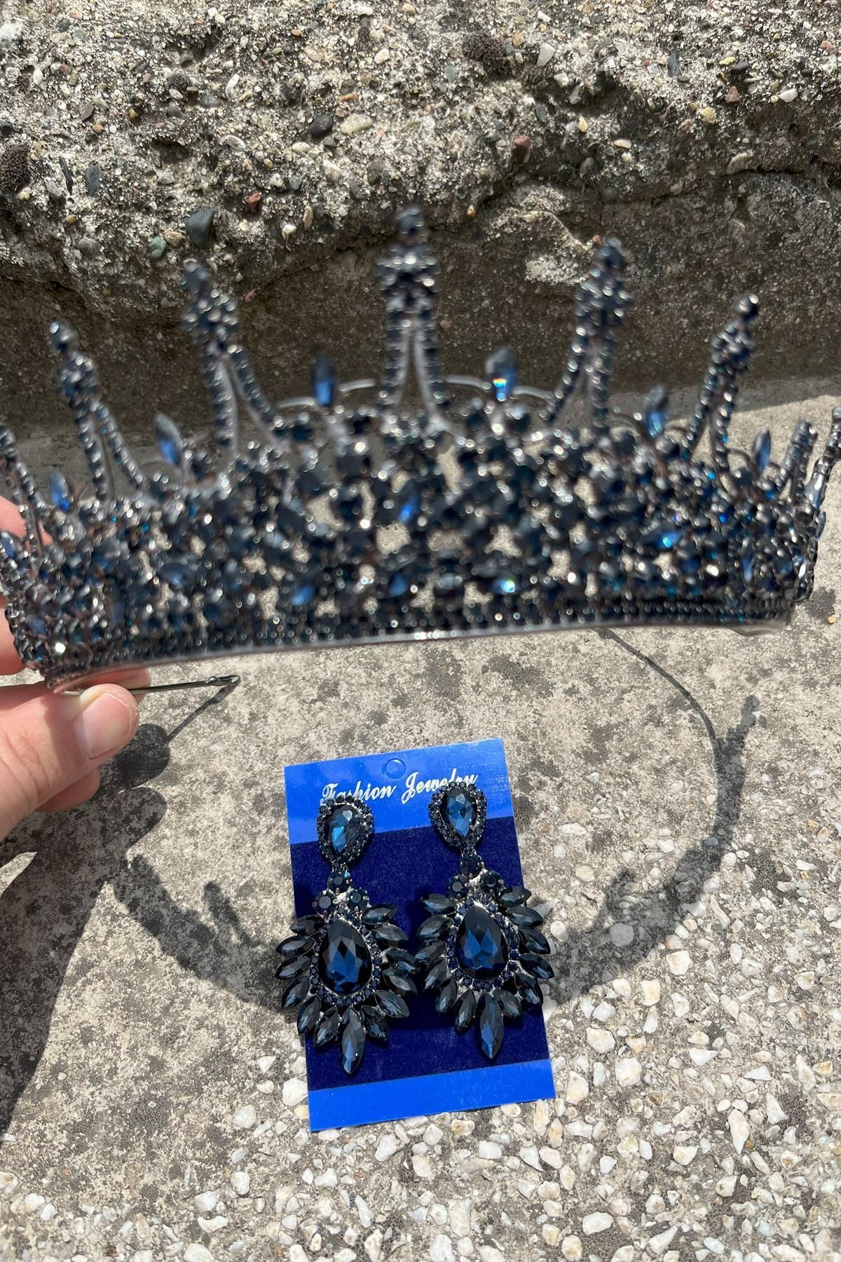 Hobigram-Victoria Navy Blue Bridal Henna Crown Special Occasion Accessory Women's Crown and Wide Shuttle Earring Set 3