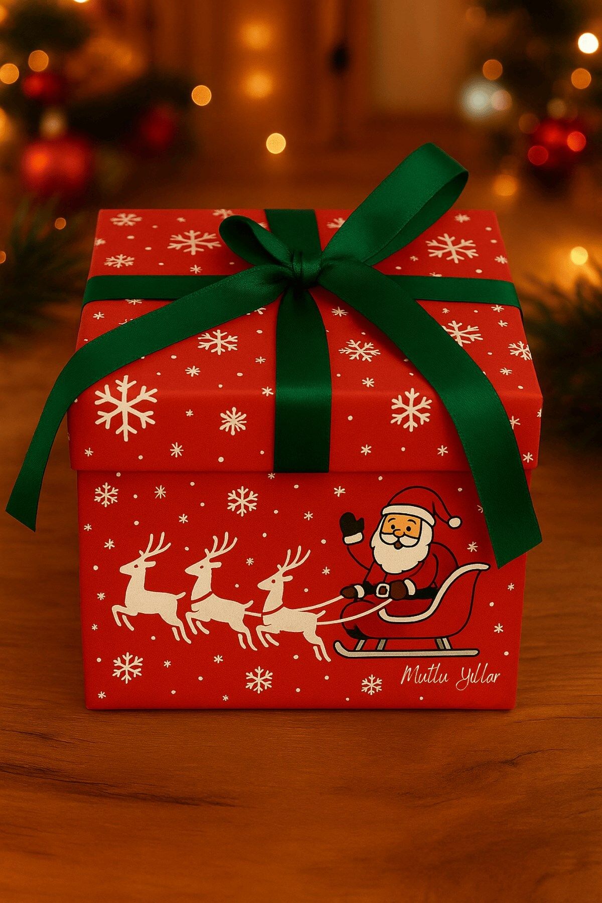 Emtory Home Yılbaşı Hediye Kutusu Kırmızı Noel Baba Geyikli - Hediye Paketi - Yılbaşı Süsü - Kurdele Dahil
