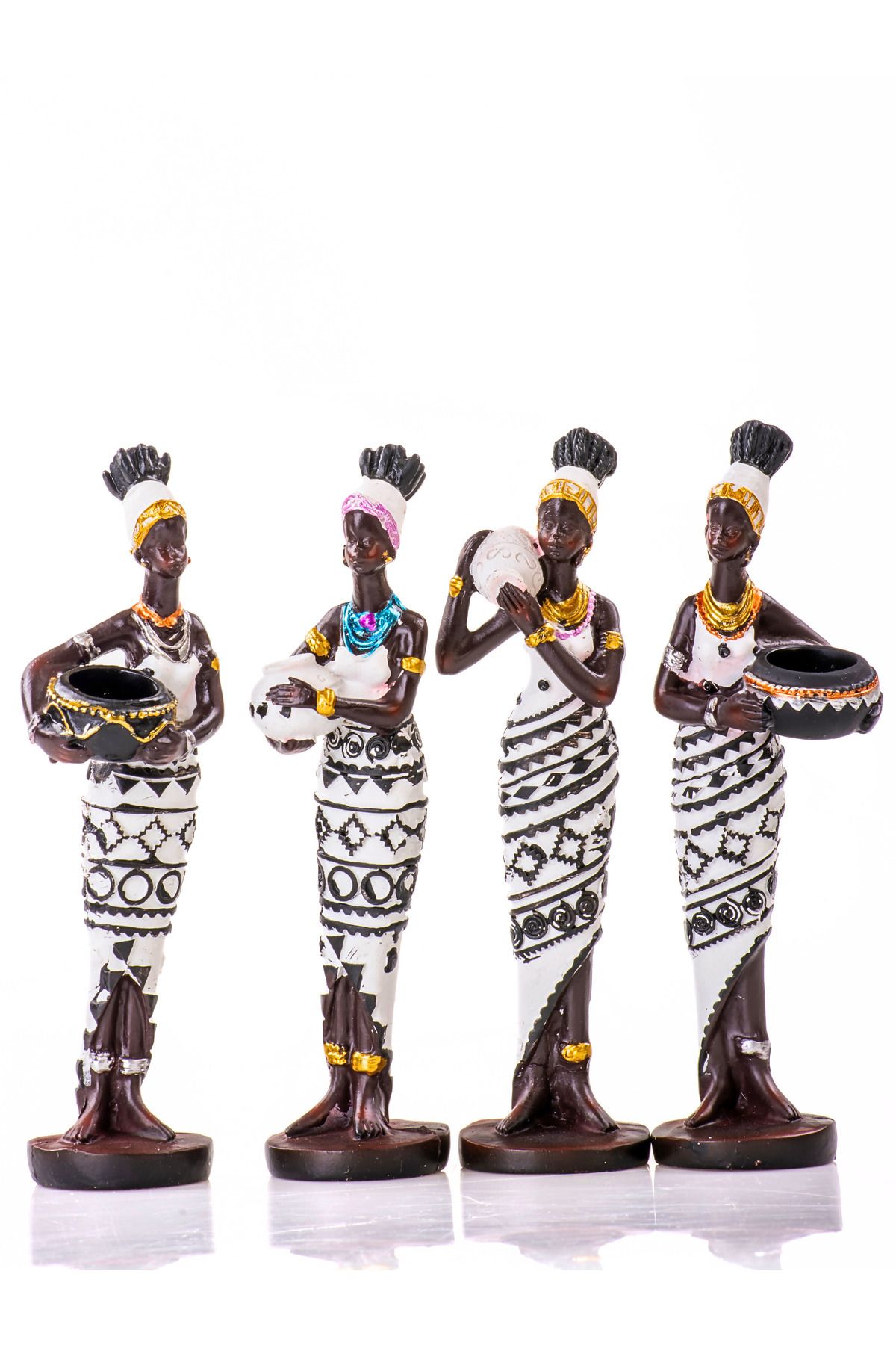 Elioure Siyah Beyaz Küp Taşıyan 4'lü Afrikalı Kadın Figür Seti (15x4 cm)