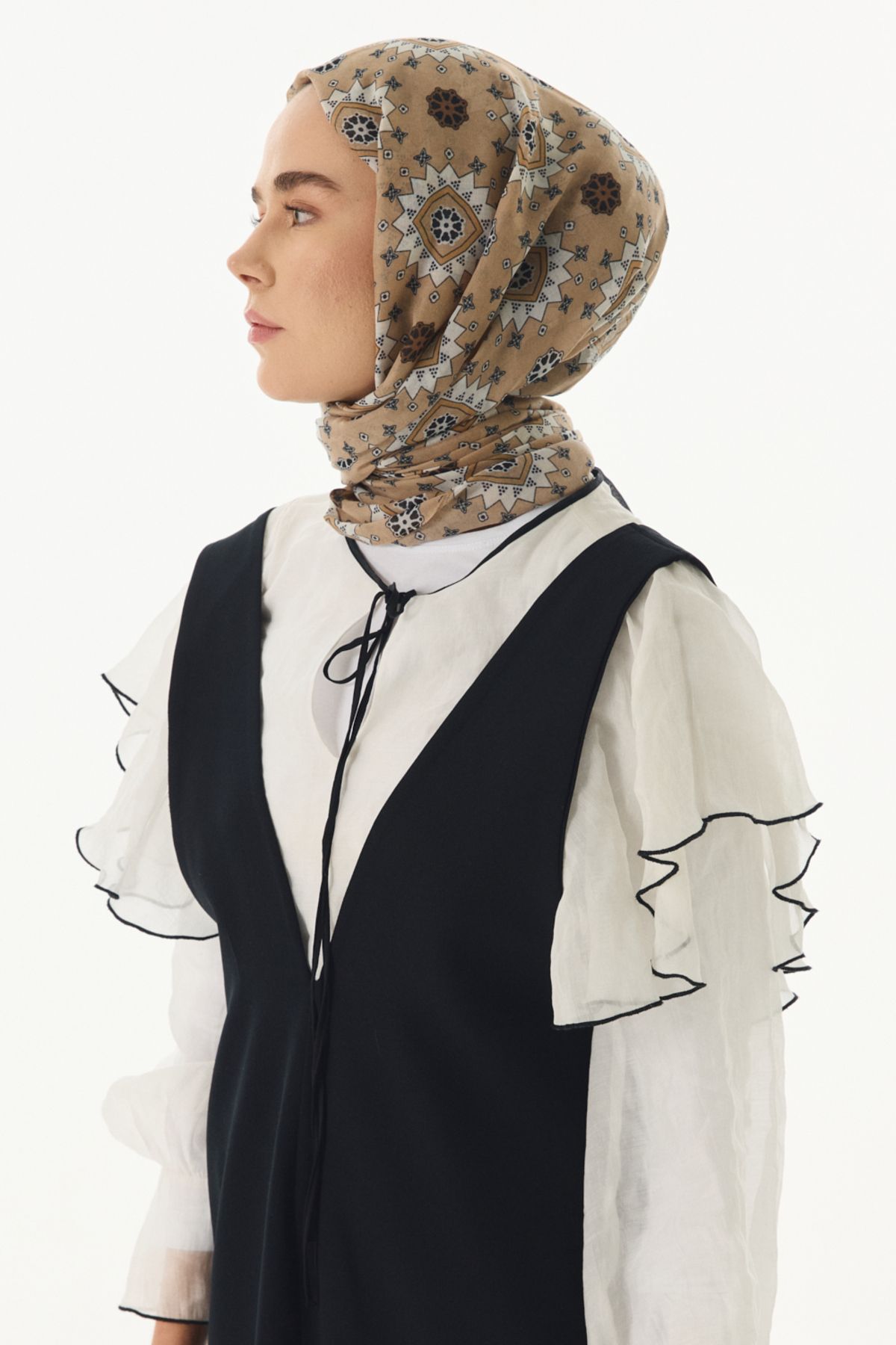 FENZA SCARF Etnik Desen Pamuklu Şal - Bej-Siyah