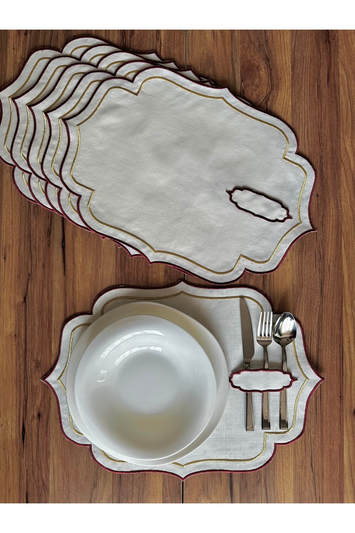 Elioure Bordo-Gold Çift Sıra Nakışlı Kaşıklı Amerikan Servis Supla 6'lı set