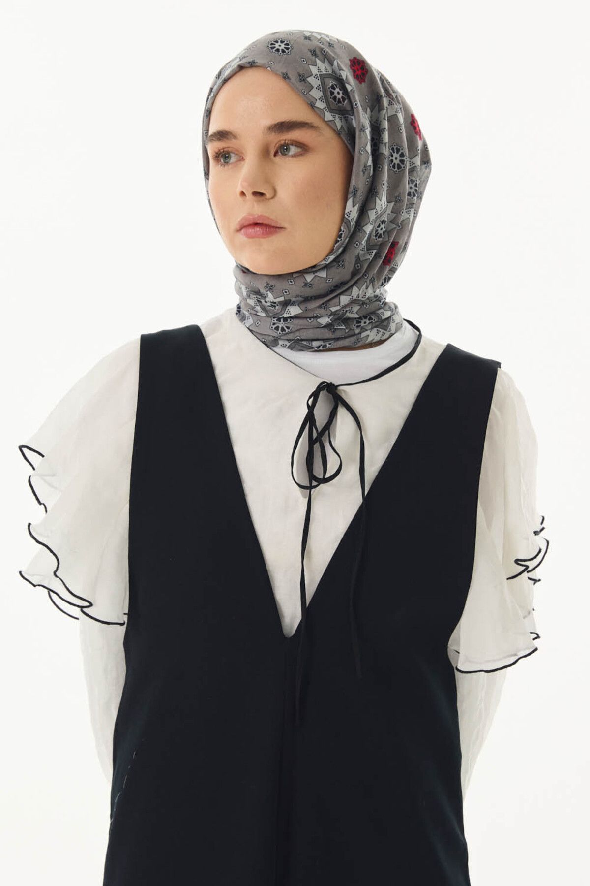 FENZA SCARF Etnik Desen Pamuklu Şal - Siyah-Gri