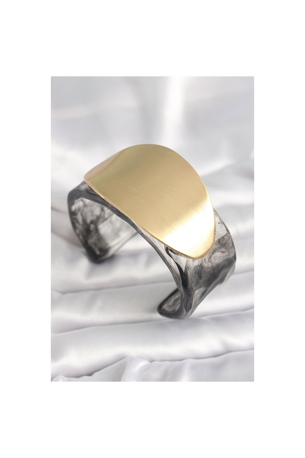 maarketim Siyah Mermer Desen Akrilik Plastik Gold Oval Plaka Model Vintage Kadın Bilezik