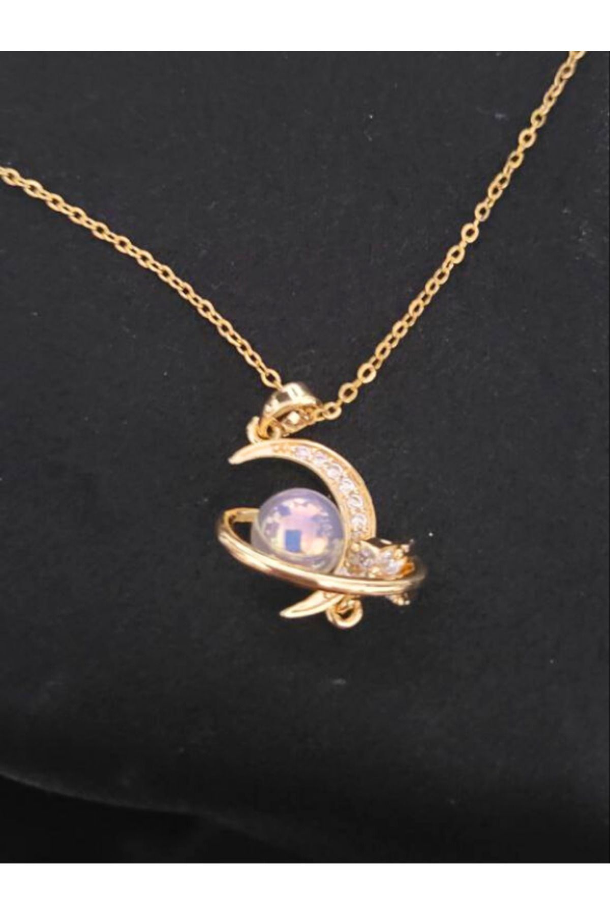 Gold Pırlanta Bijuteri Zirkon İnci Taşlı Ay Yıldızlı Gold Kolye