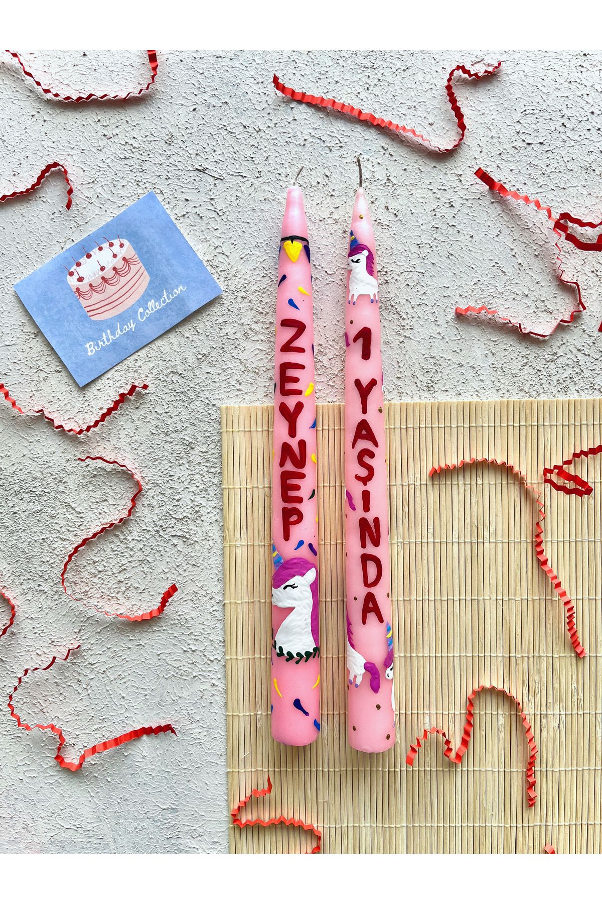 CaGi Kişiye Özel Unicorn Desenli / El Boyaması 2'Li Doğum Günü Mum Seti