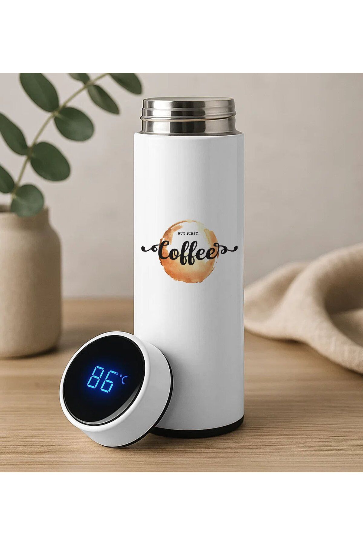 Bk Gift Coffee Tasarımlı Filtreli Dijital Göstergeli Beyaz Çelik Termos-2, Arkadaşa Hediye, Sevgiliy