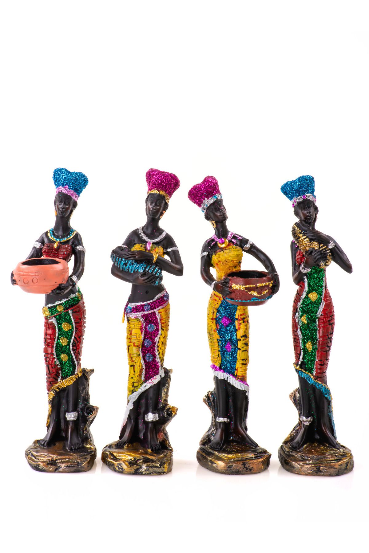 Elioure Renkli 4'lü Kadın Biblo Seti, Dekoratif Polyester Figürler, 15x4 cm