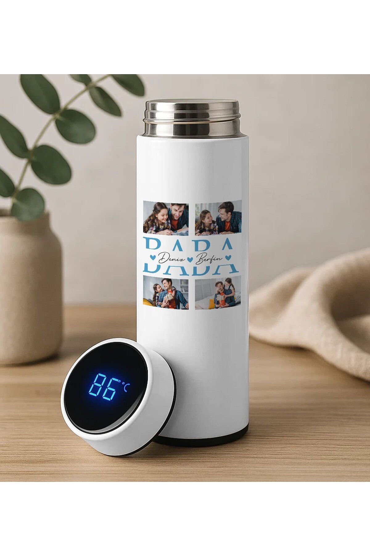 Bk Gift Fotoğraflı Baba Tasarımlı Filtreli Dijital Göstergeli Beyaz Çelik Termos-6, Babaya Hediye, B