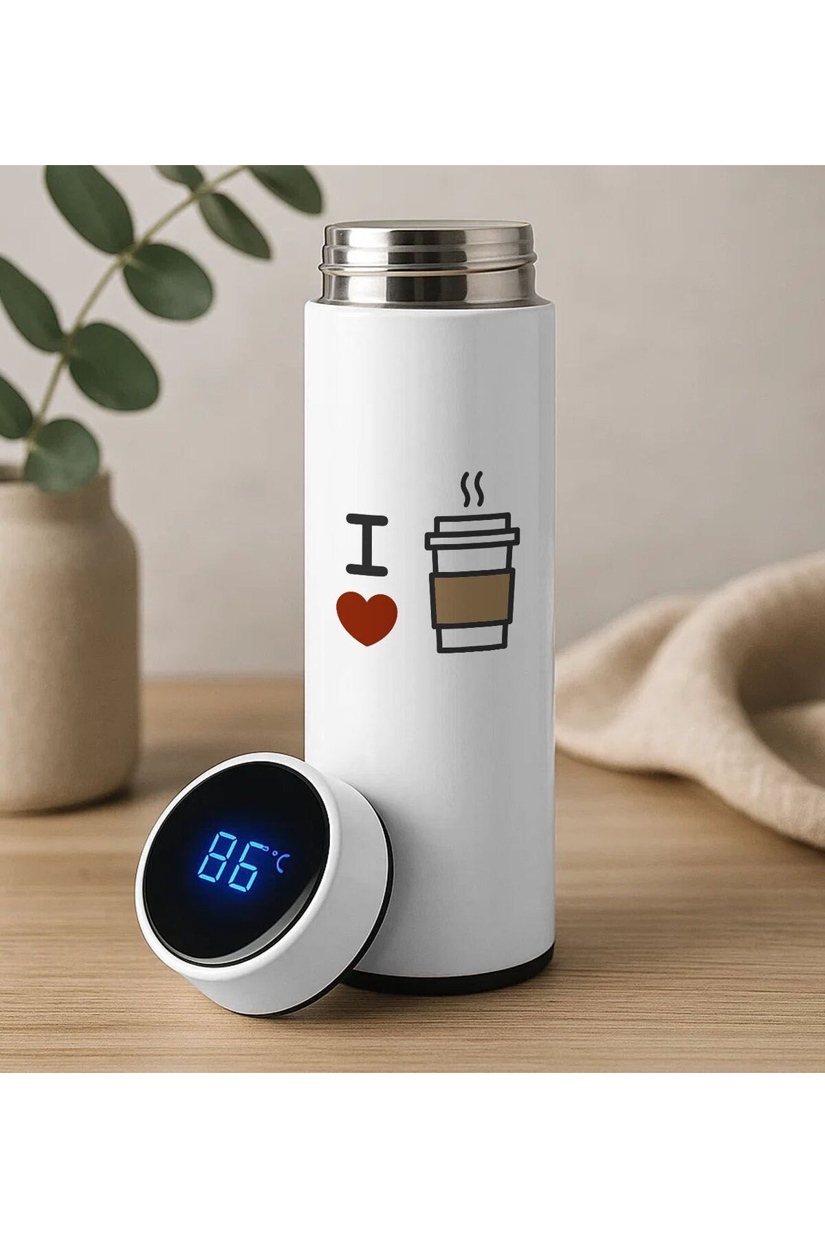 Bk Gift Coffee Tasarımlı Filtreli Dijital Göstergeli Beyaz Çelik Termos-3, Arkadaşa Hediye, Sevgiliy