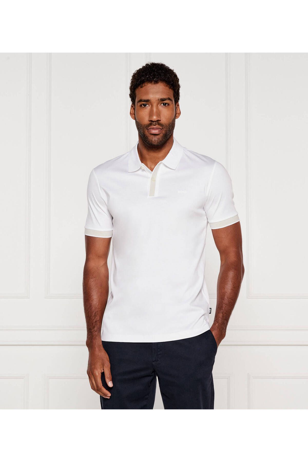 BOSS Erkek Polo Yaka Düğme Kapama Yaka Ve Kol Uçları Renk Detay Beyaz Polo Yaka T-Shirt 50543865-100