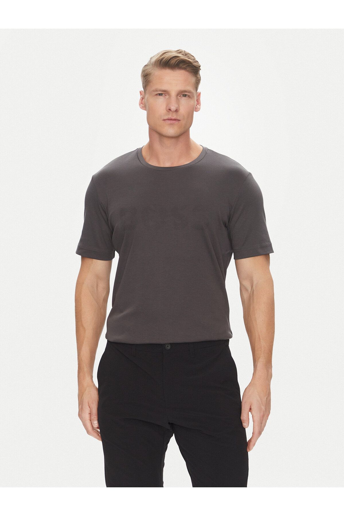 BOSS Erkek Bisiklet Yaka Dar Kesim Kısa Kol Pamuklu Gri T-Shirt 50543796-027