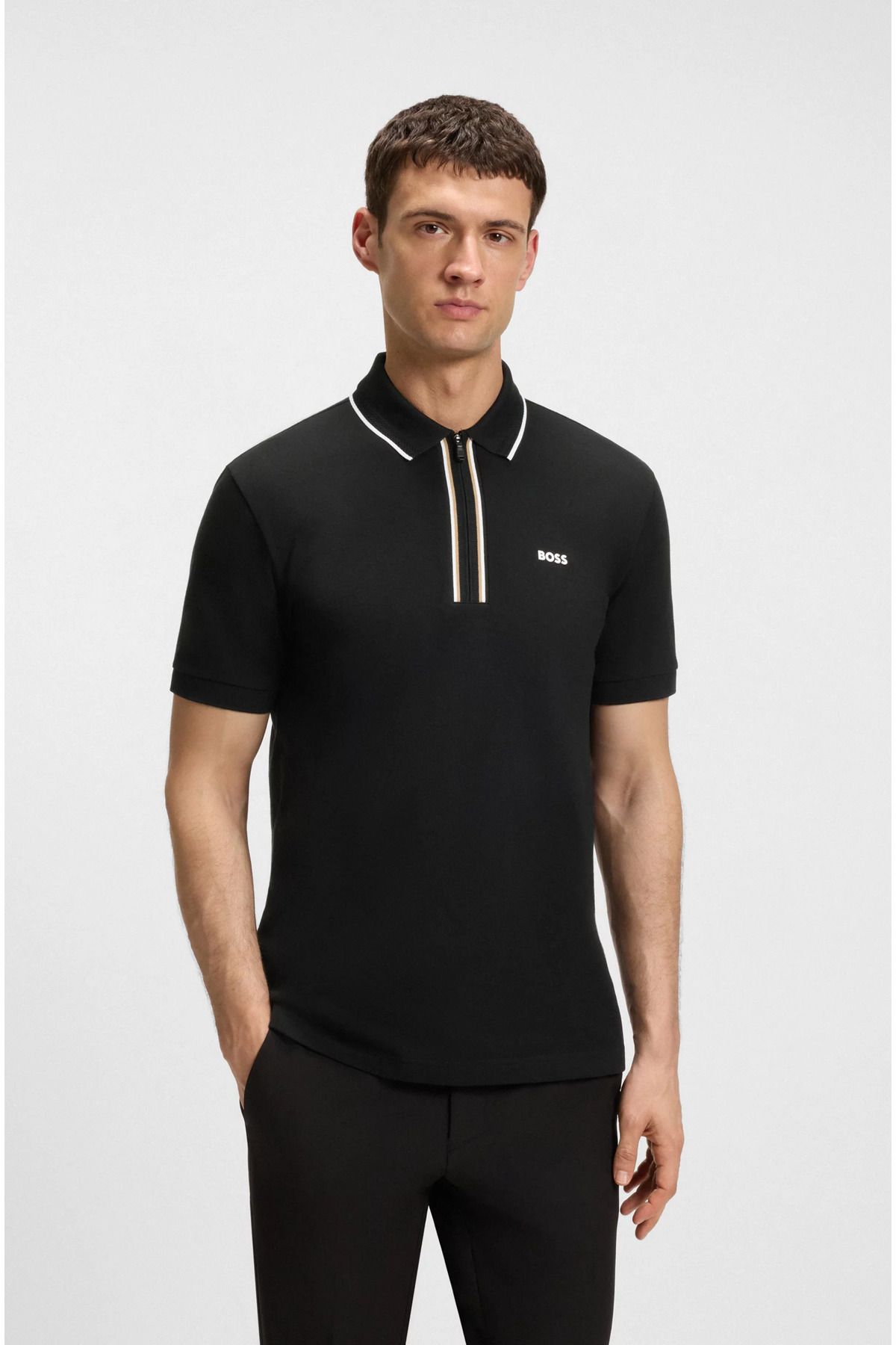 BOSS Erkek Slim Fit Hızlı Kuruyan Esnek Pamuklu Kısa Kollu Fermuarlı Siyah Polo Yaka T-Shirt 50544450-001
