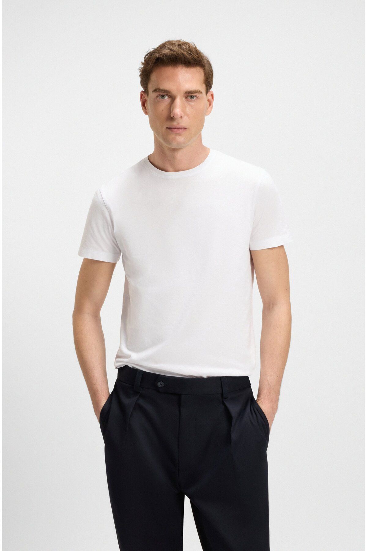 BOSS Erkek Normal Kalıp Yuvarlak Yakalı Merserize Pamuklu Kısa Kollu Beyaz T-Shirt 50549230-100