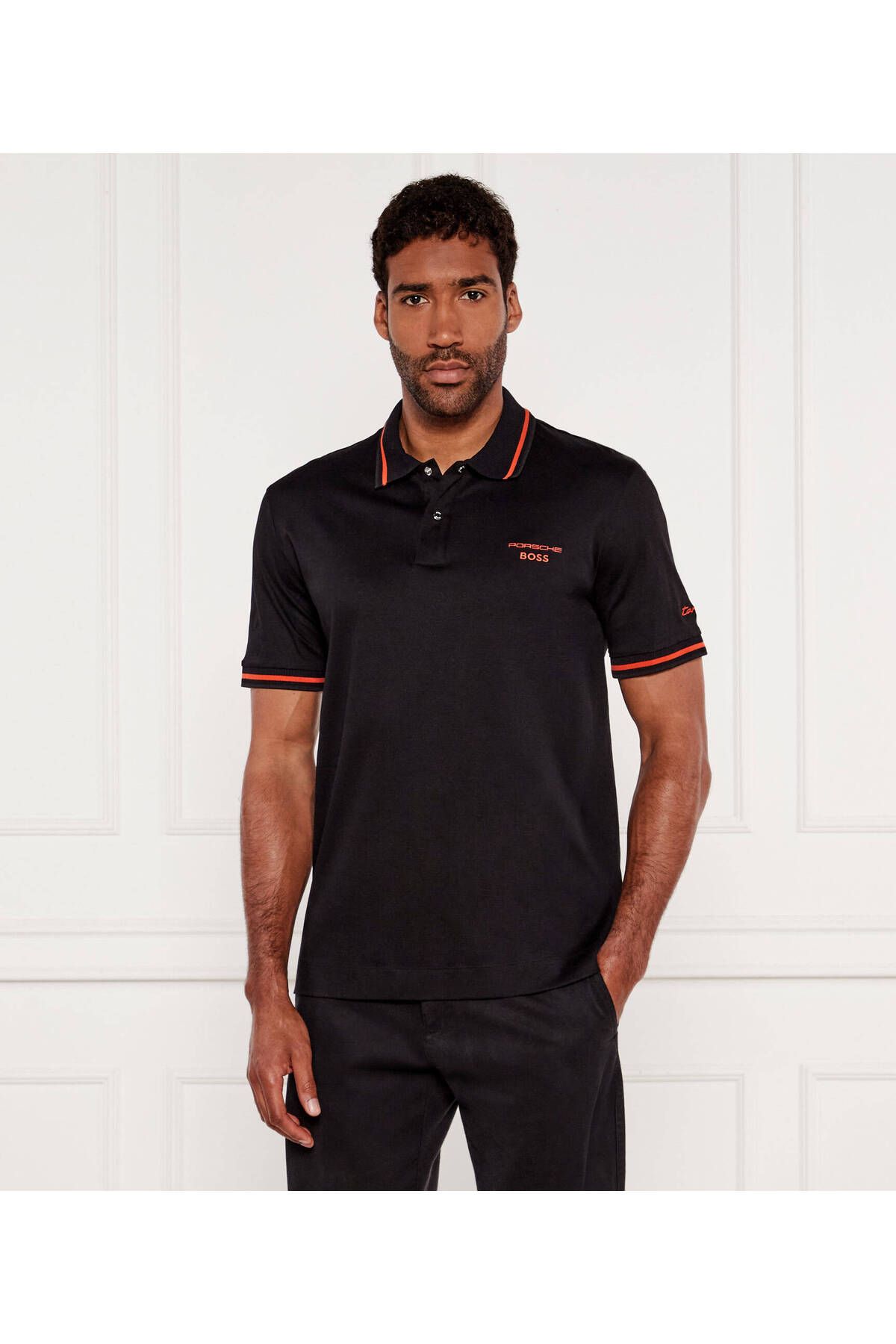 BOSS Erkek Regular Fit Nem Kontrolü Sağlayan Kumaş Porsche İmzalı Kısa Kollu Siyah T-Shirt 50543257-001