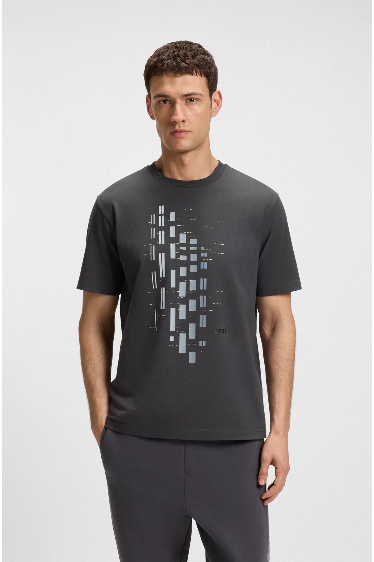 BOSS Erkek Bisiklet Yaka Kısa Kollu Desenli Vücudu Sarmayan Rahat Gri T-Shirt 50543808-027
