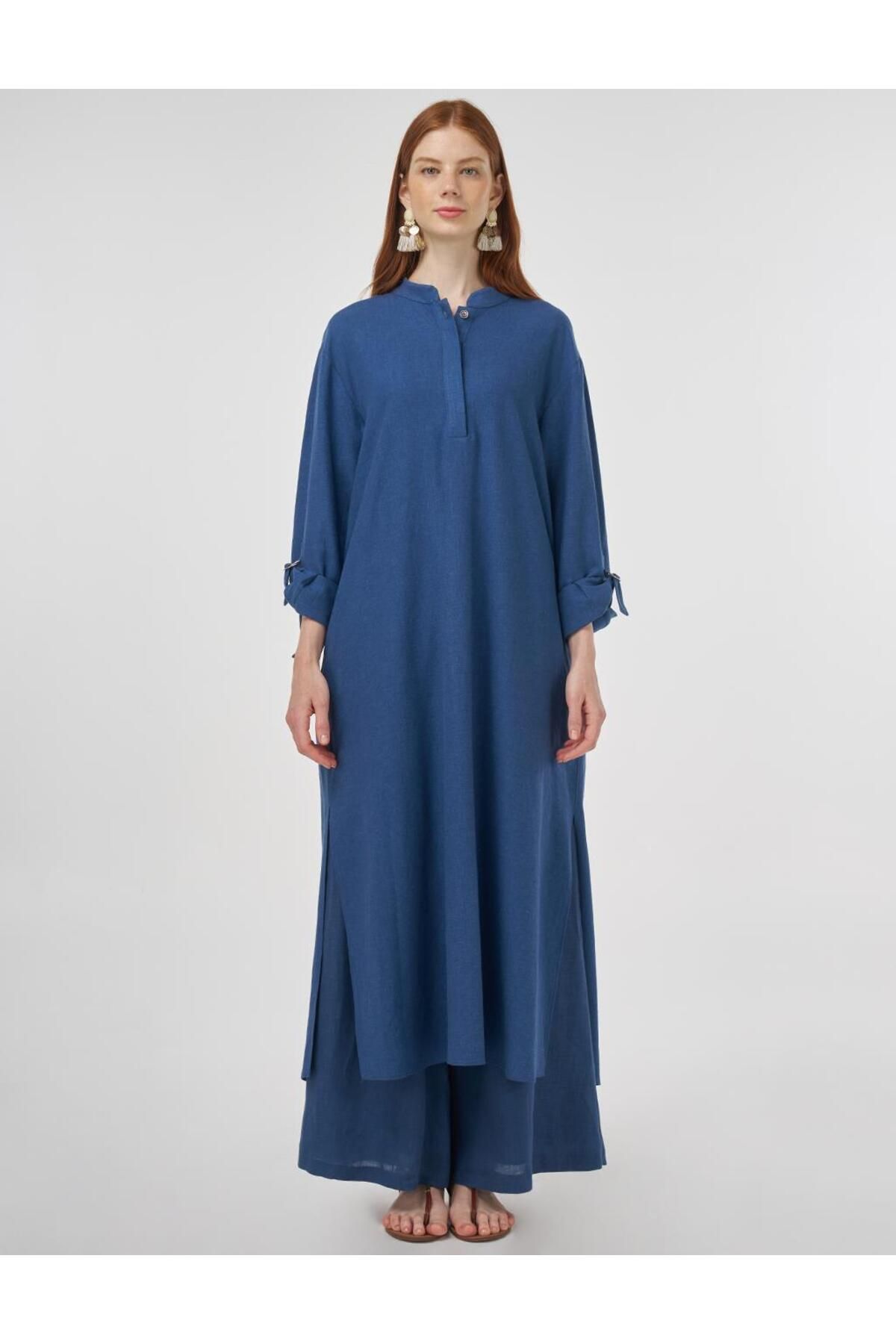 Kayra-Judge Collar Linen Viscose Tunic Indigo 2