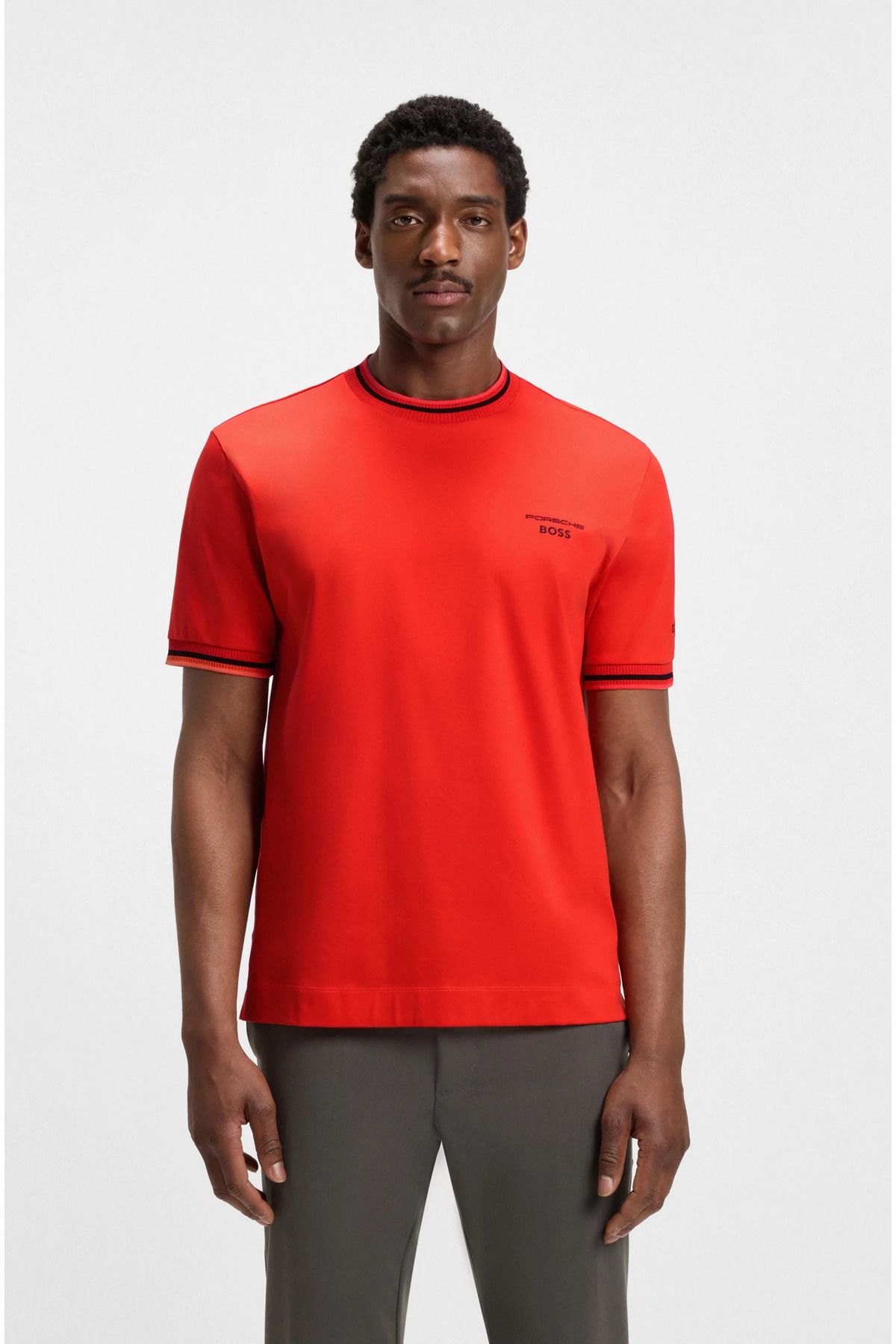 BOSS Erkek Regular Fit Yuvarlak Yakalı Porsche Desenli Nem Kontrolü Sağlayan Kısa Kollu Kırmızı T-Shirt 5