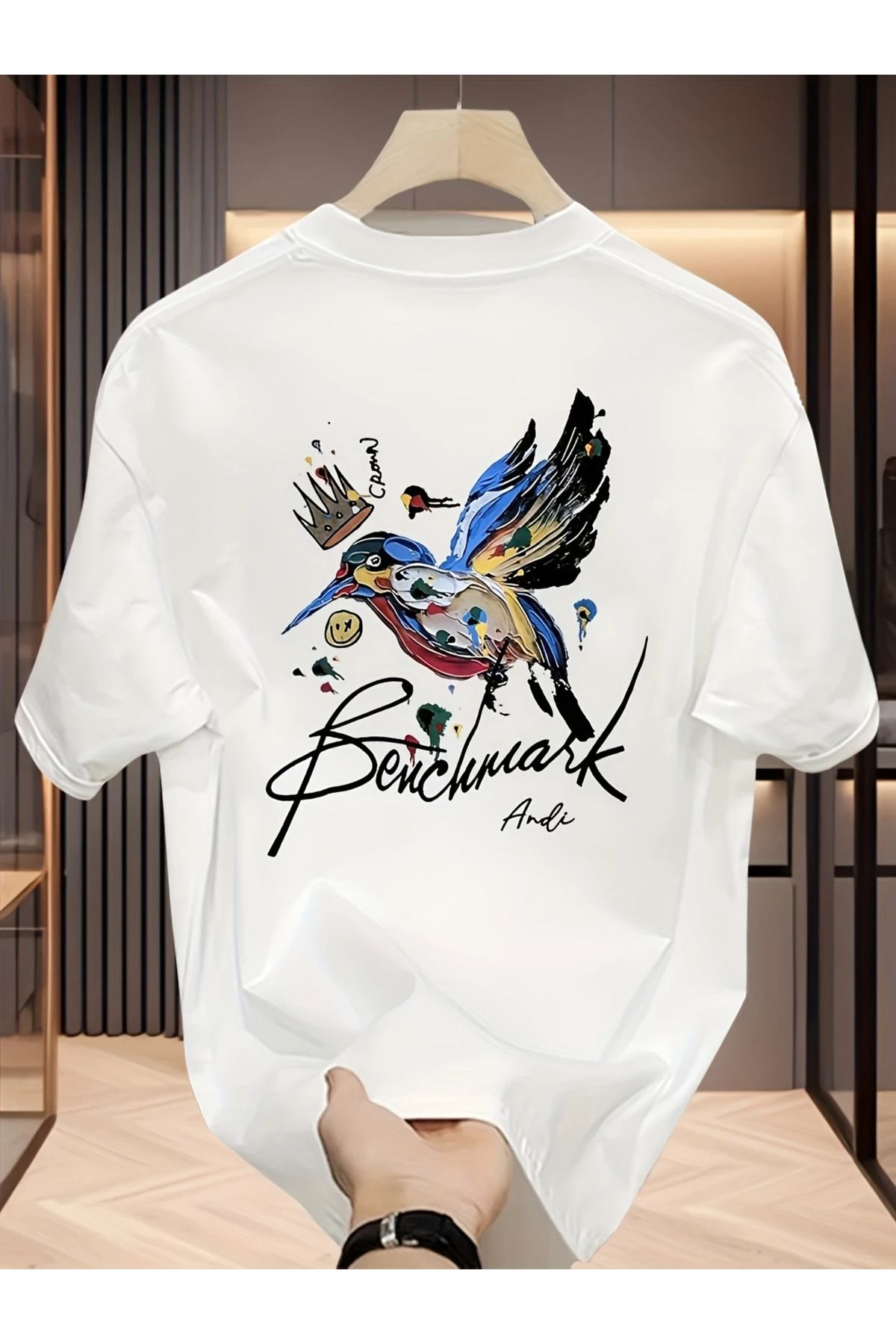 New Shine Unisex Oversize Renkli Desenli Kuş Sırt Baskılı T-shirt