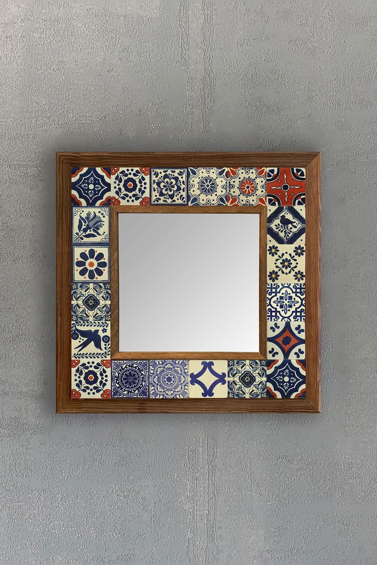 Elioure Renkli mozaik doğaltaş çerçeveli ayna 33x33 cm şık ve doğal dekoratif ürün