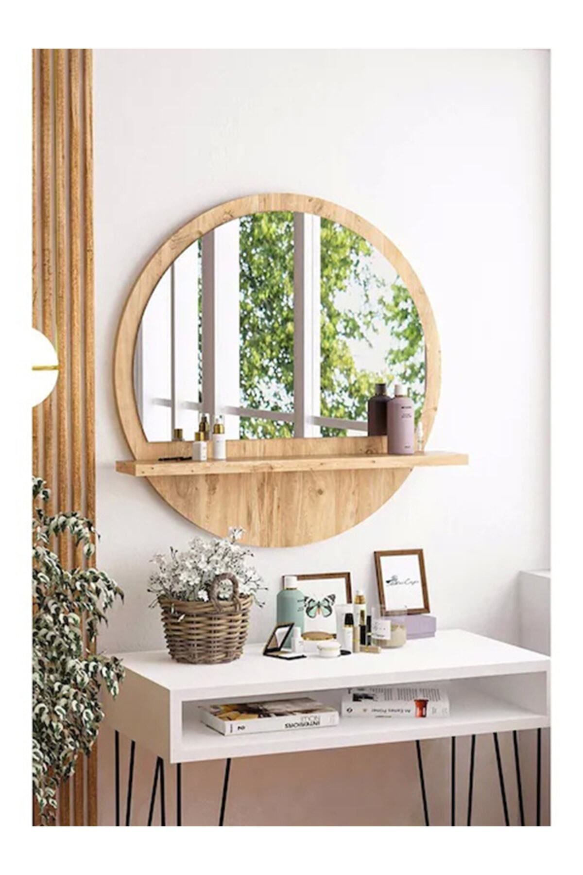 Elioure Yuvarlak Safir Meşe 58cm Raflı Çok Amaçlı Konsol ve Ayna
