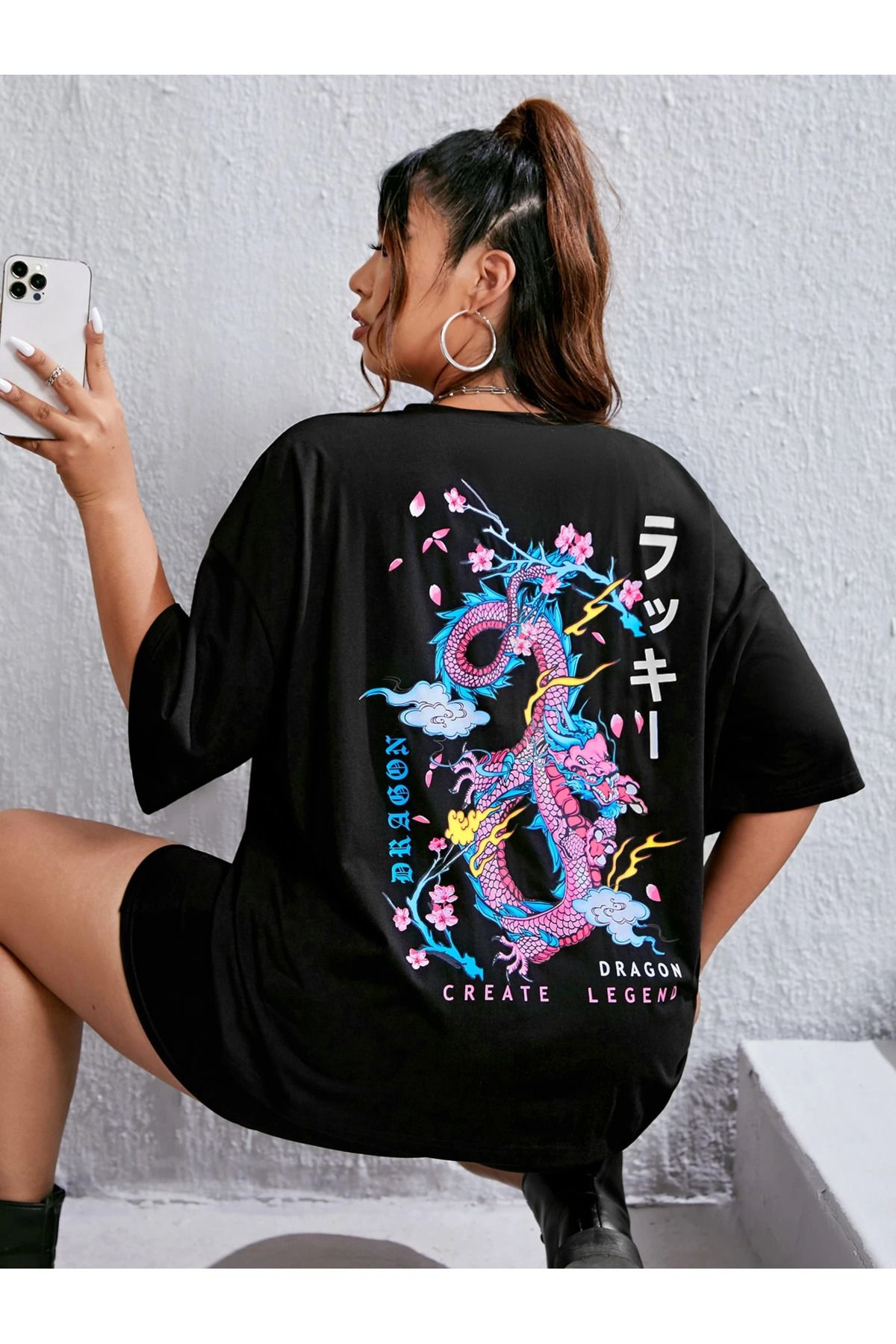 New Shine Unisex Oversize Sakura Ejderha Sırt Baskılı T-shirt