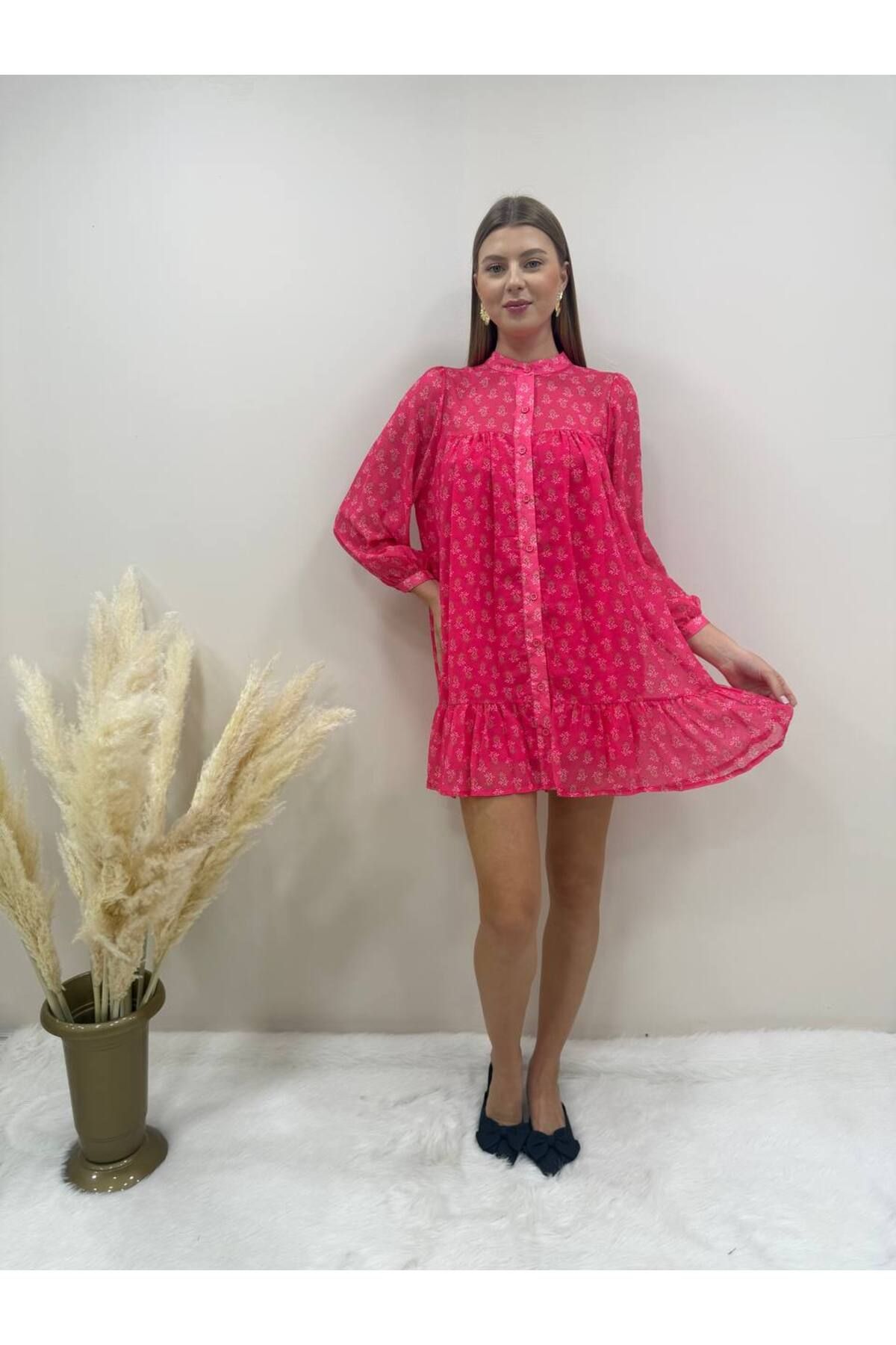 AsprinFashion ŞİFON ELBİSE PEMBE