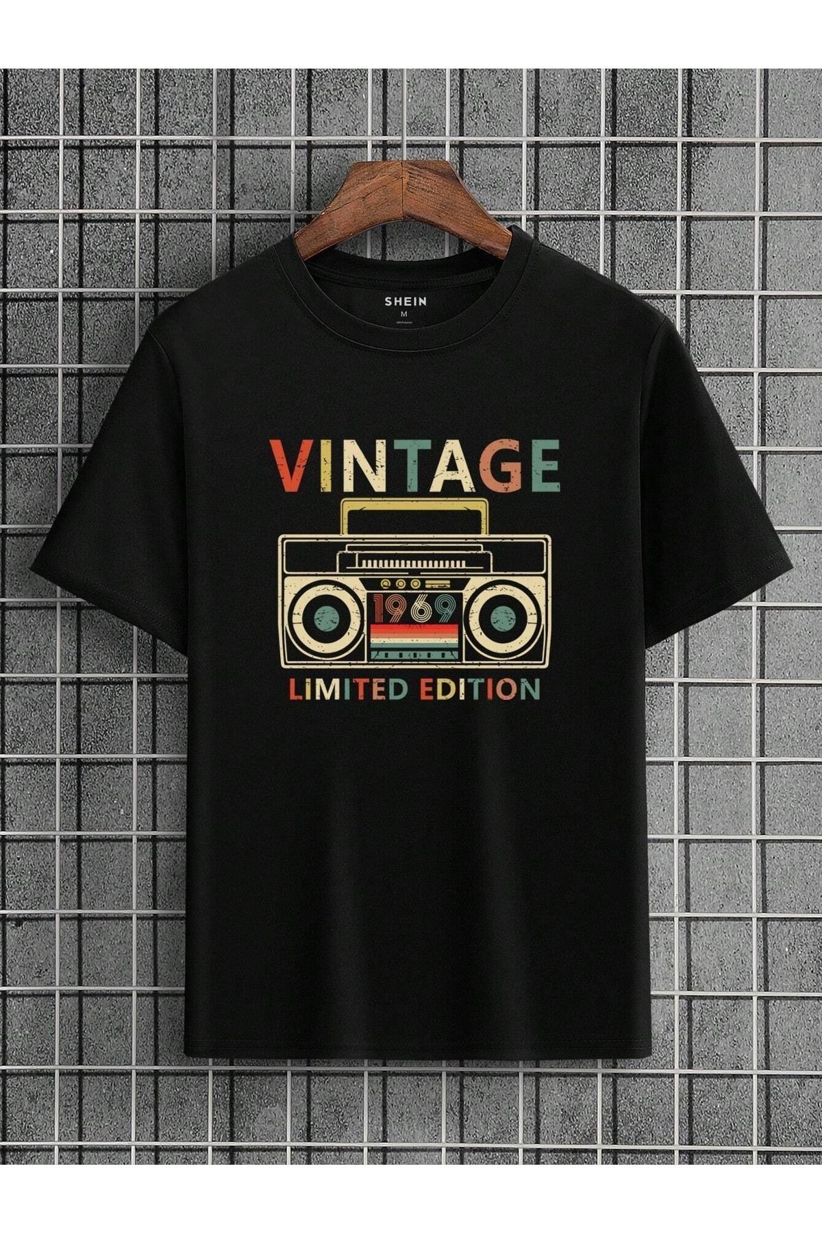modaberry Vintage 1969 T-Shirt - Siyah Baskılı Oversize Kısa Kol Bisiklet Yaka