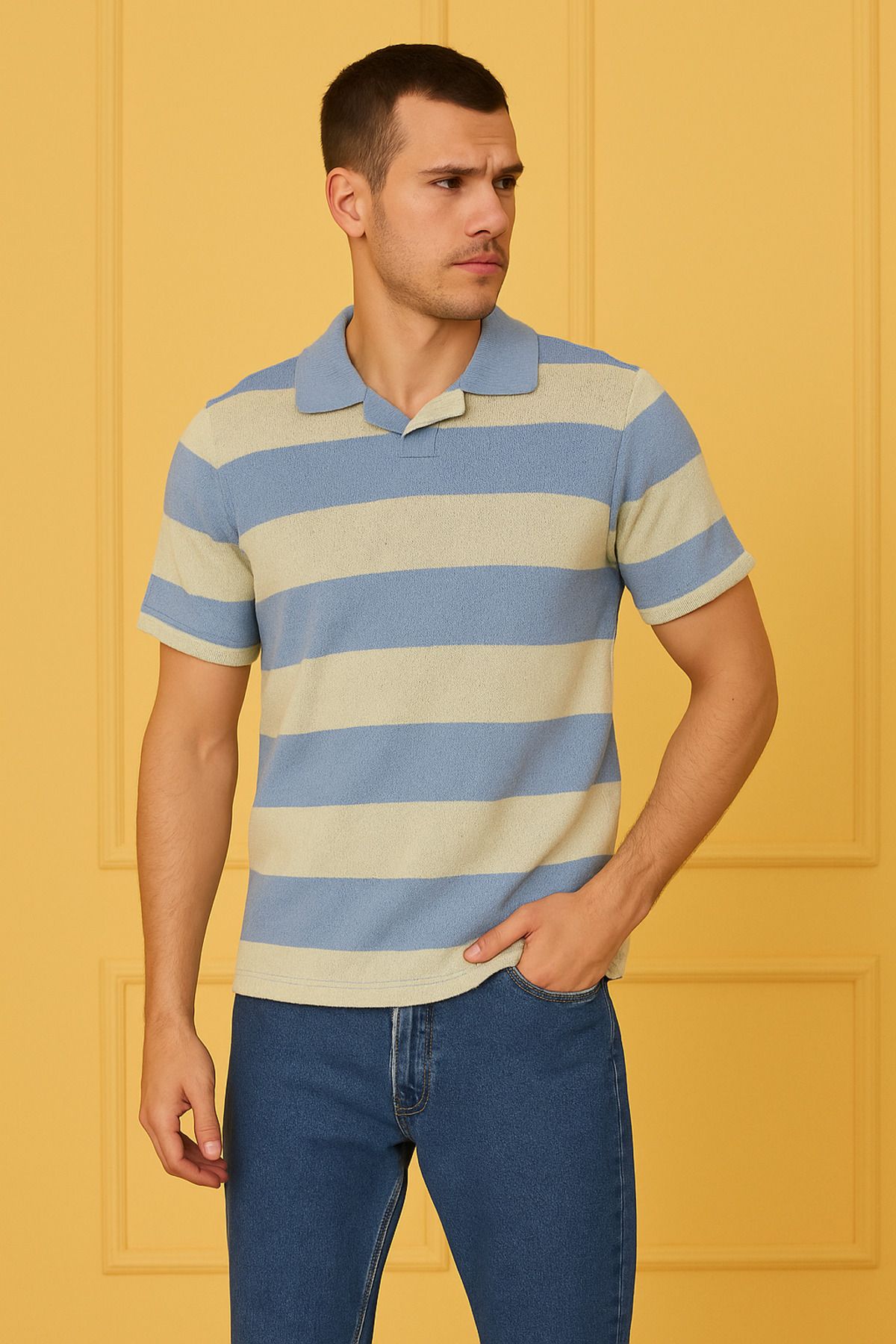YŞRLİNE COLLECTİON YSR YAKA DETAYLI CIZGILI ORME T-SHIRT KISA
