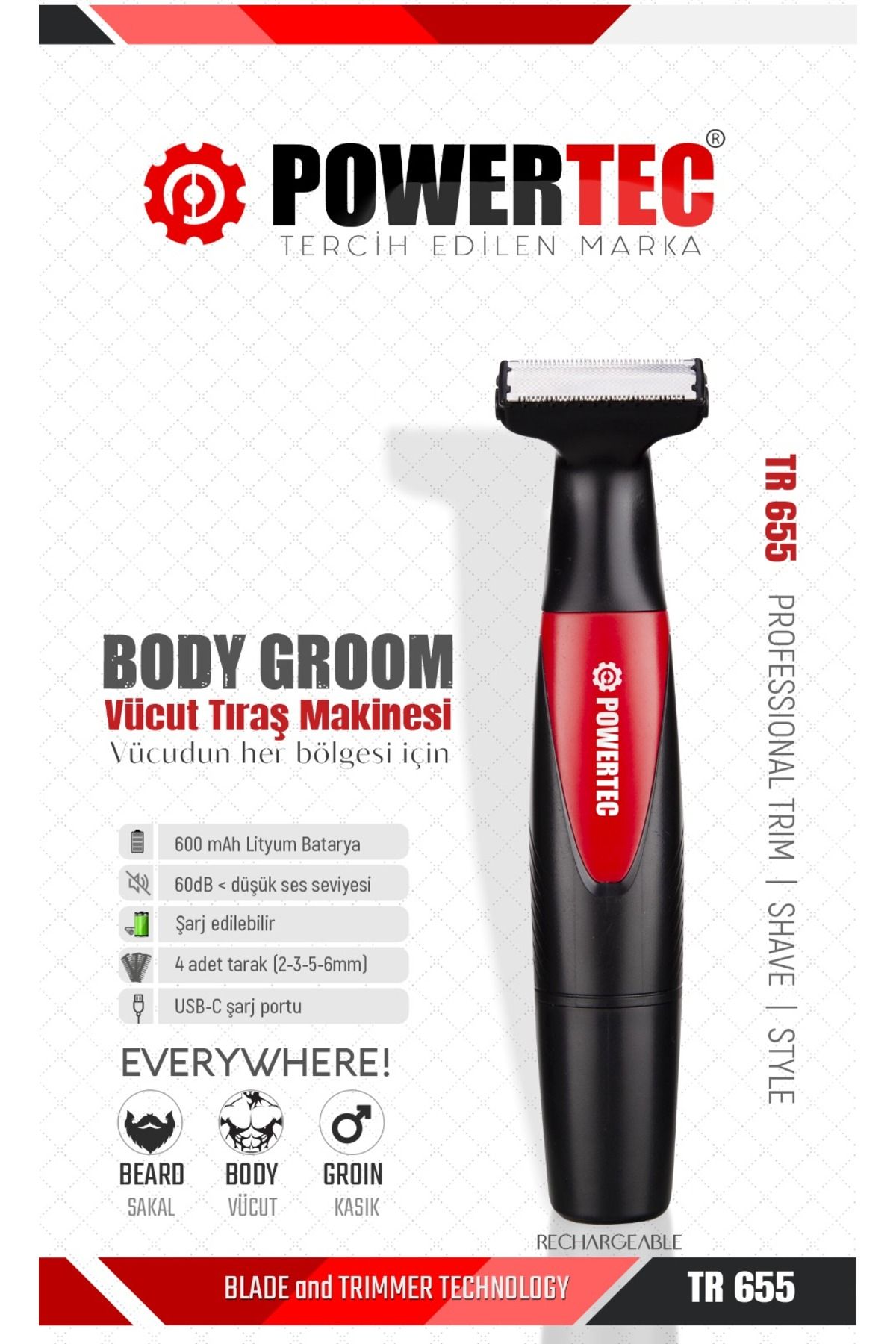 POWERTEC TR-655 Vücut Tıraş Makinesi (Body Groom) Çift Bıçak - Sıfıra Yakın Kesim