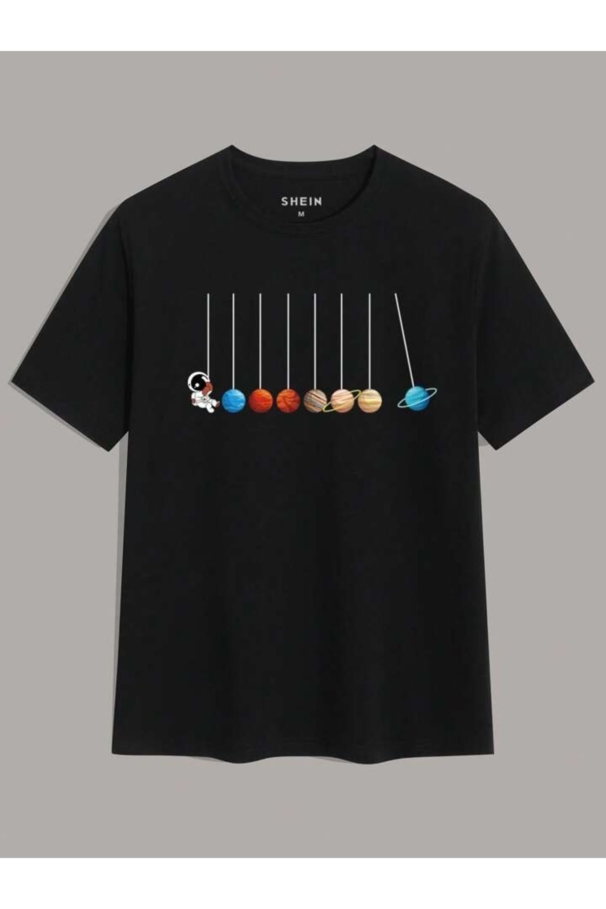modaberry Planets Astranout T-Shirt - Siyah Baskılı Oversize Kısa Kol Bisiklet Yaka